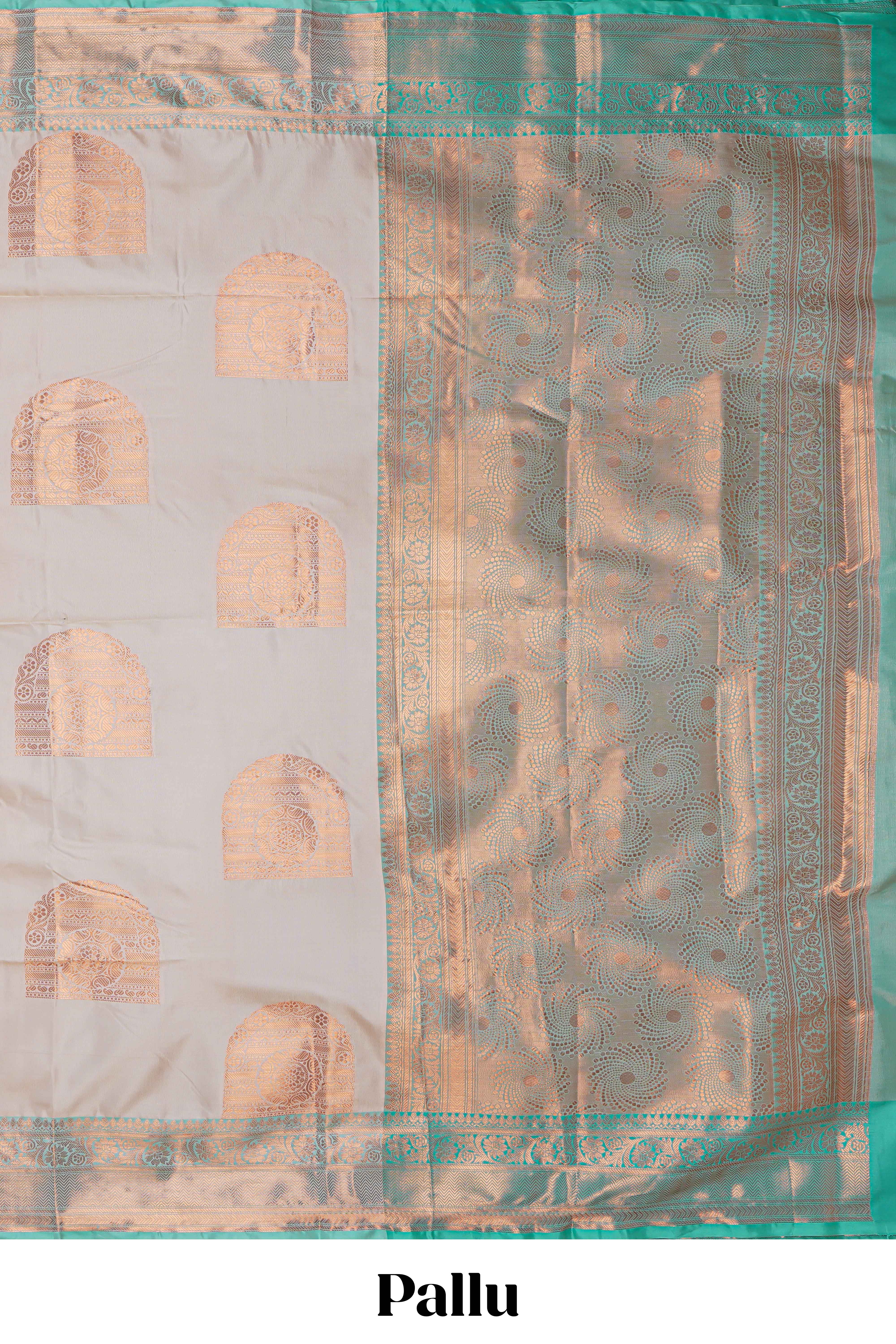 Beige zari motifs design kathan silk saree with contrast zari borders and motifs blouse