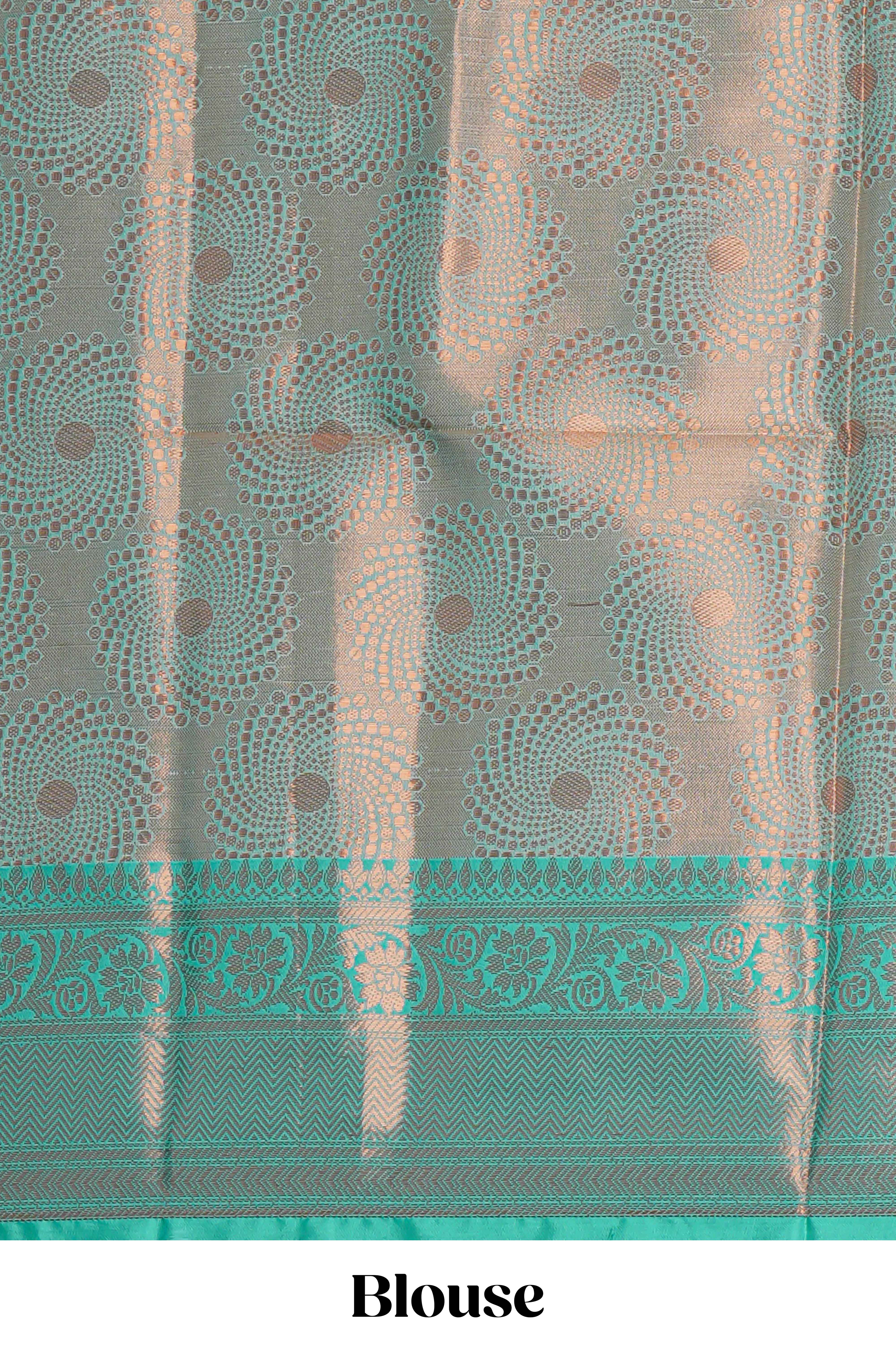 Beige zari motifs design kathan silk saree with contrast zari borders and motifs blouse