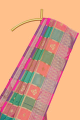 Multi color checked zari motifs design kathan silk saree with self zari borders and motifs blouse