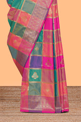 Multi color checked zari motifs design kathan silk saree with self zari borders and motifs blouse