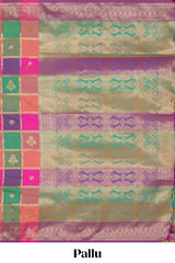 Multi color checked zari motifs design kathan silk saree with self zari borders and motifs blouse
