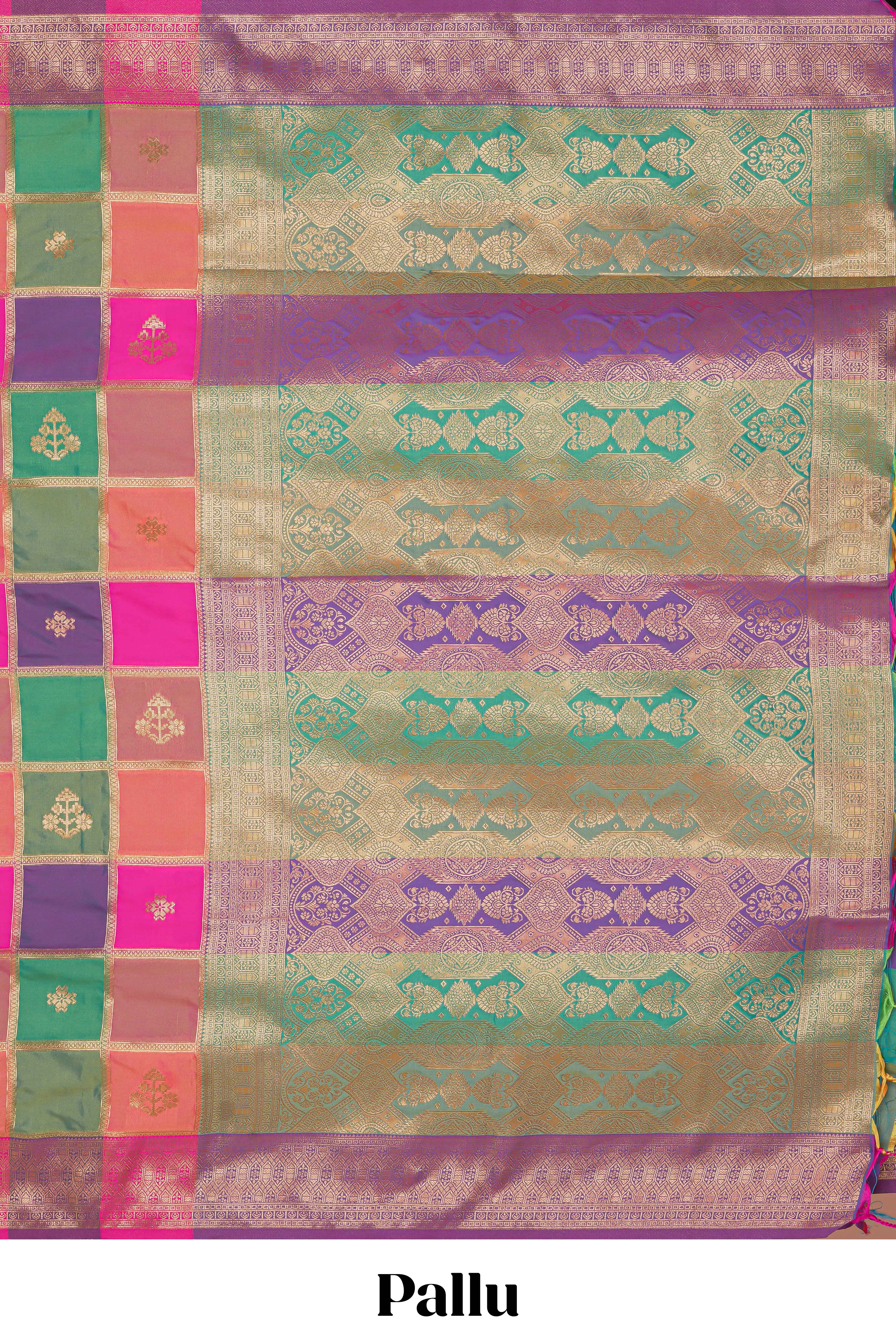 Multi color checked zari motifs design kathan silk saree with self zari borders and motifs blouse