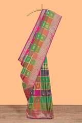 Multi color checked zari motifs design kathan silk saree with self zari borders and motifs blouse
