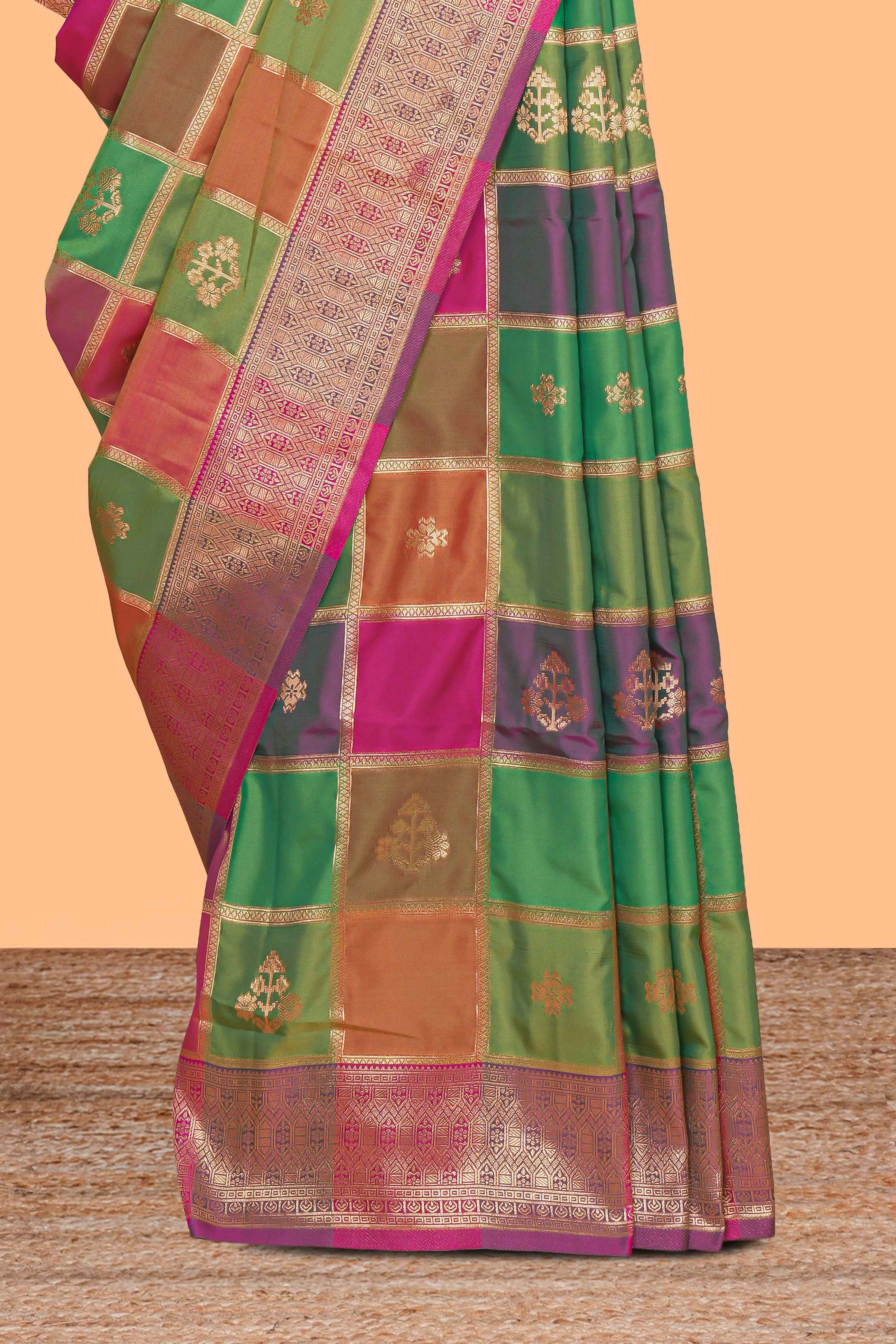 Multi color checked zari motifs design kathan silk saree with self zari borders and motifs blouse