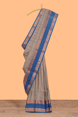 Grey zari striped design kathan silk saree with contrast bentex zari borders and blouse