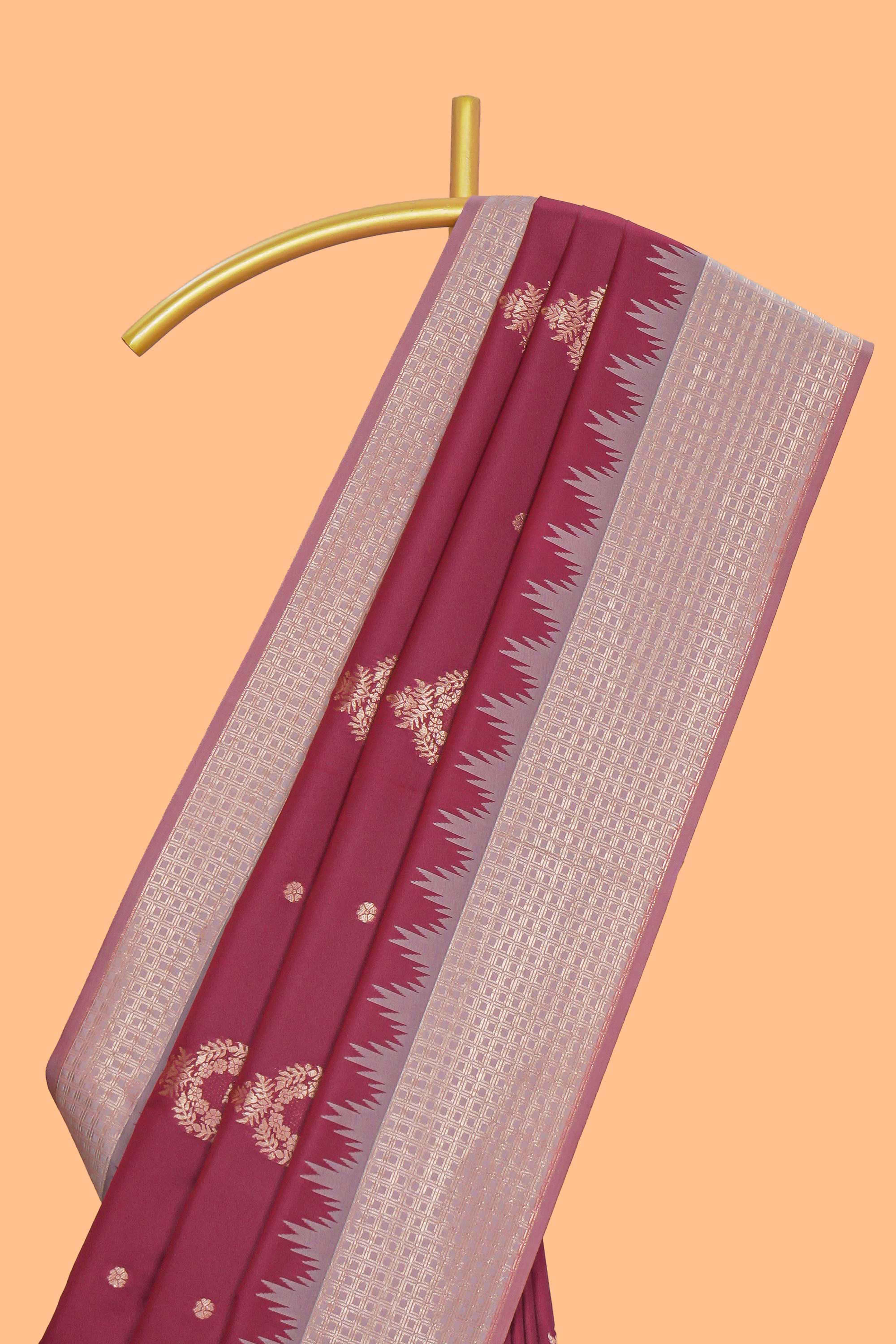 Maroon zari motifs design kathan silk saree with contrast zari borders and motifs blouse