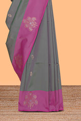 Grey zari motifs design kathan silk saree with contrast zari borders and motifs blouse