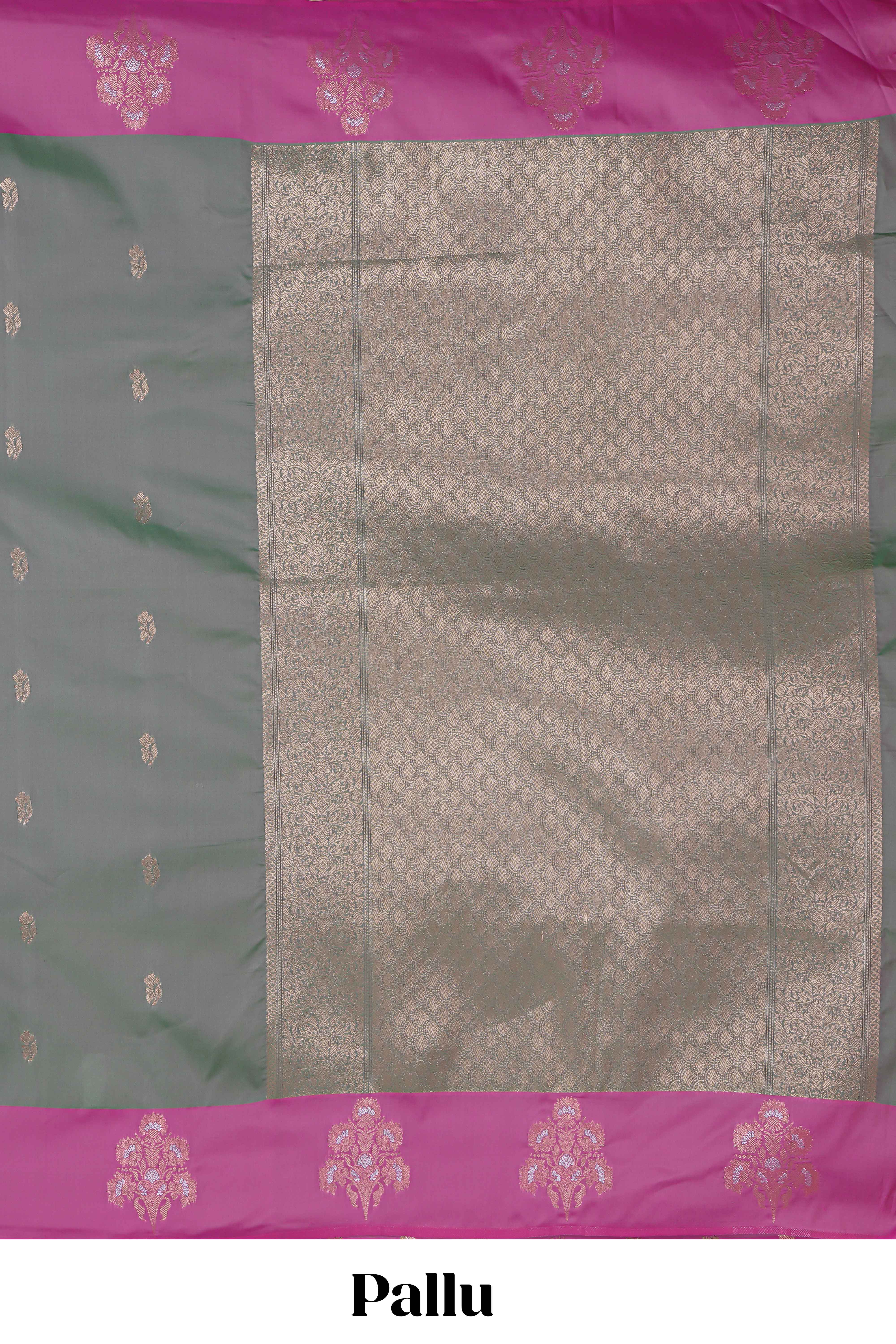 Grey zari motifs design kathan silk saree with contrast zari borders and motifs blouse