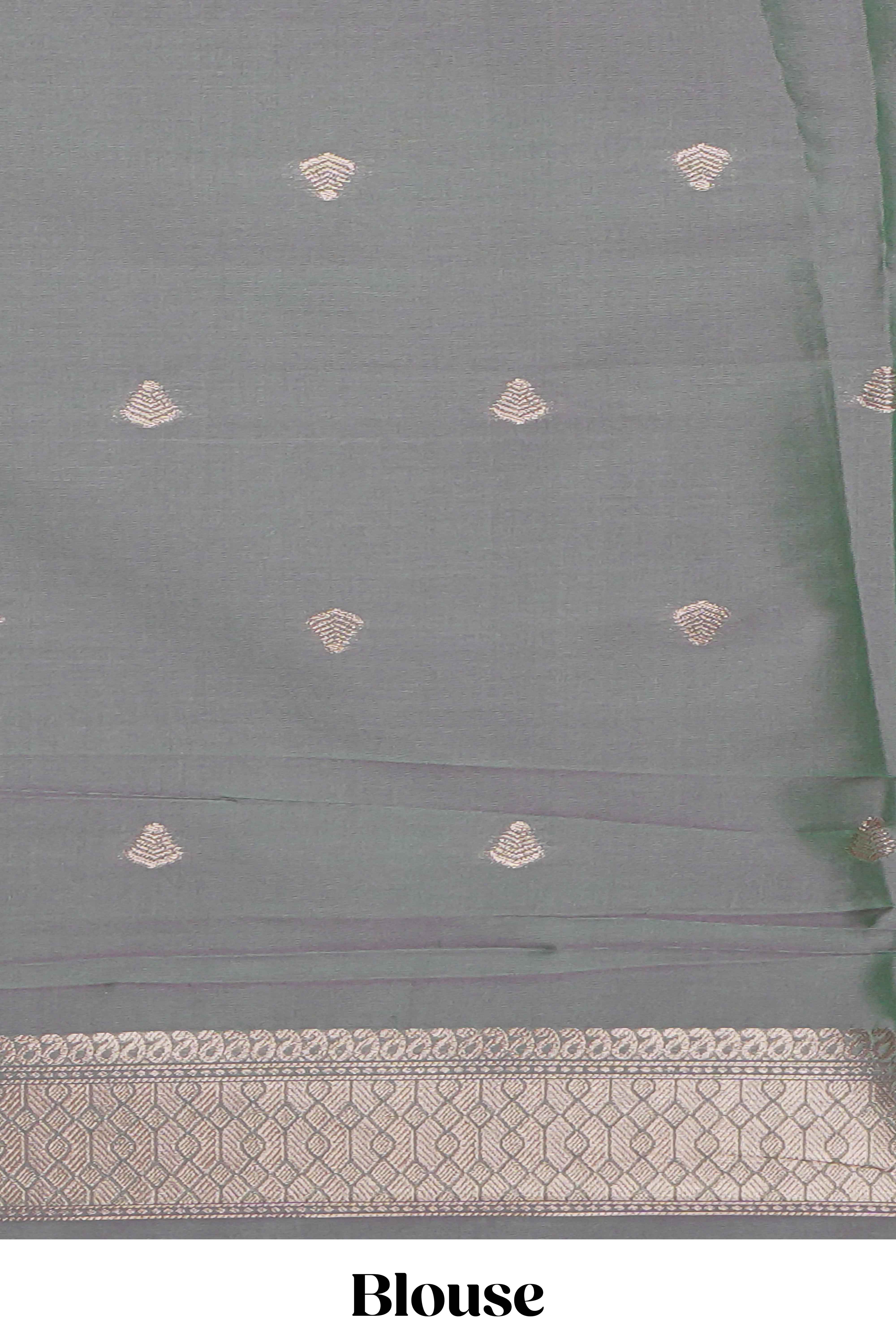 Grey zari motifs design kathan silk saree with contrast zari borders and motifs blouse