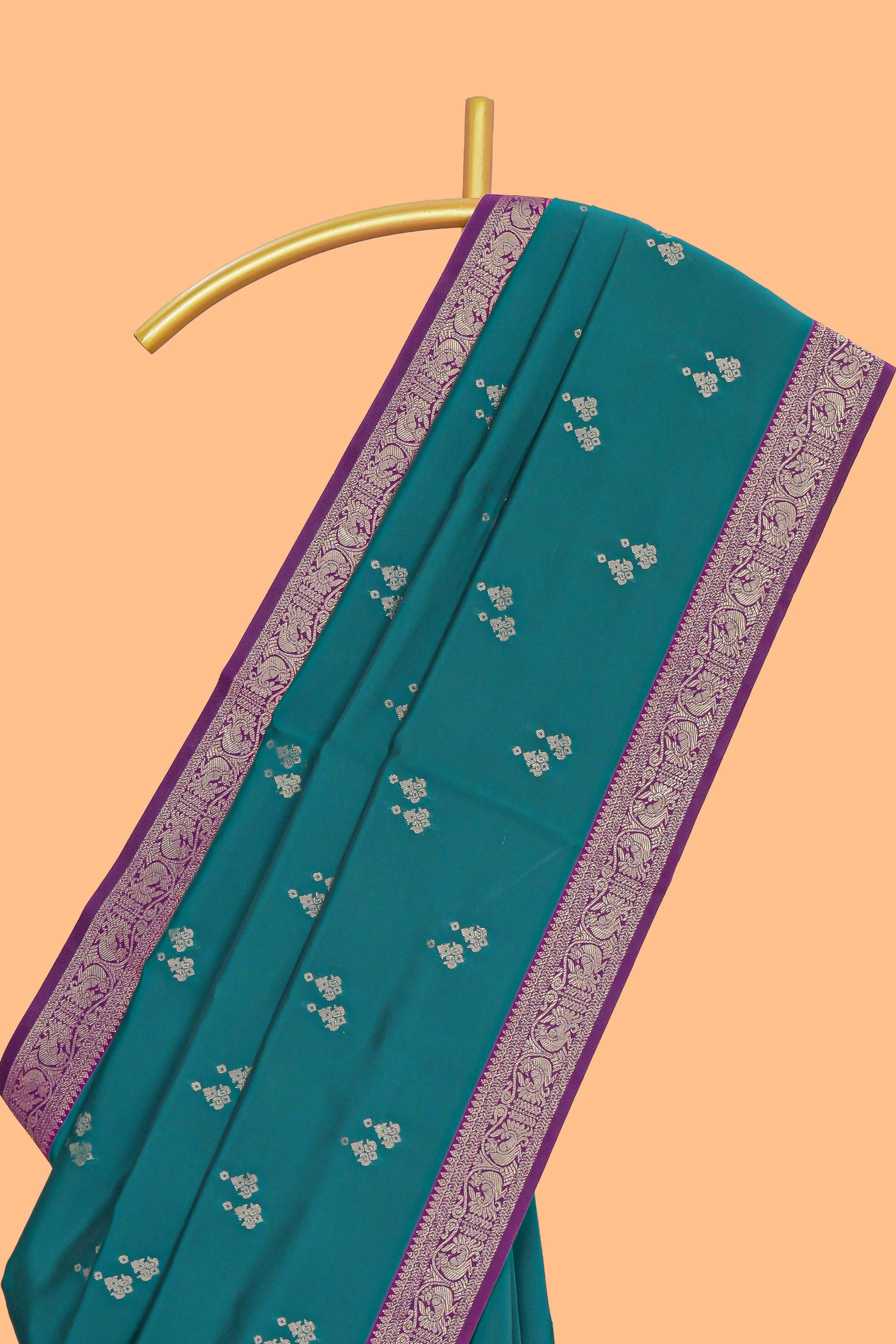 Green zari motifs design kathan silk saree with contrast zari borders and blouse