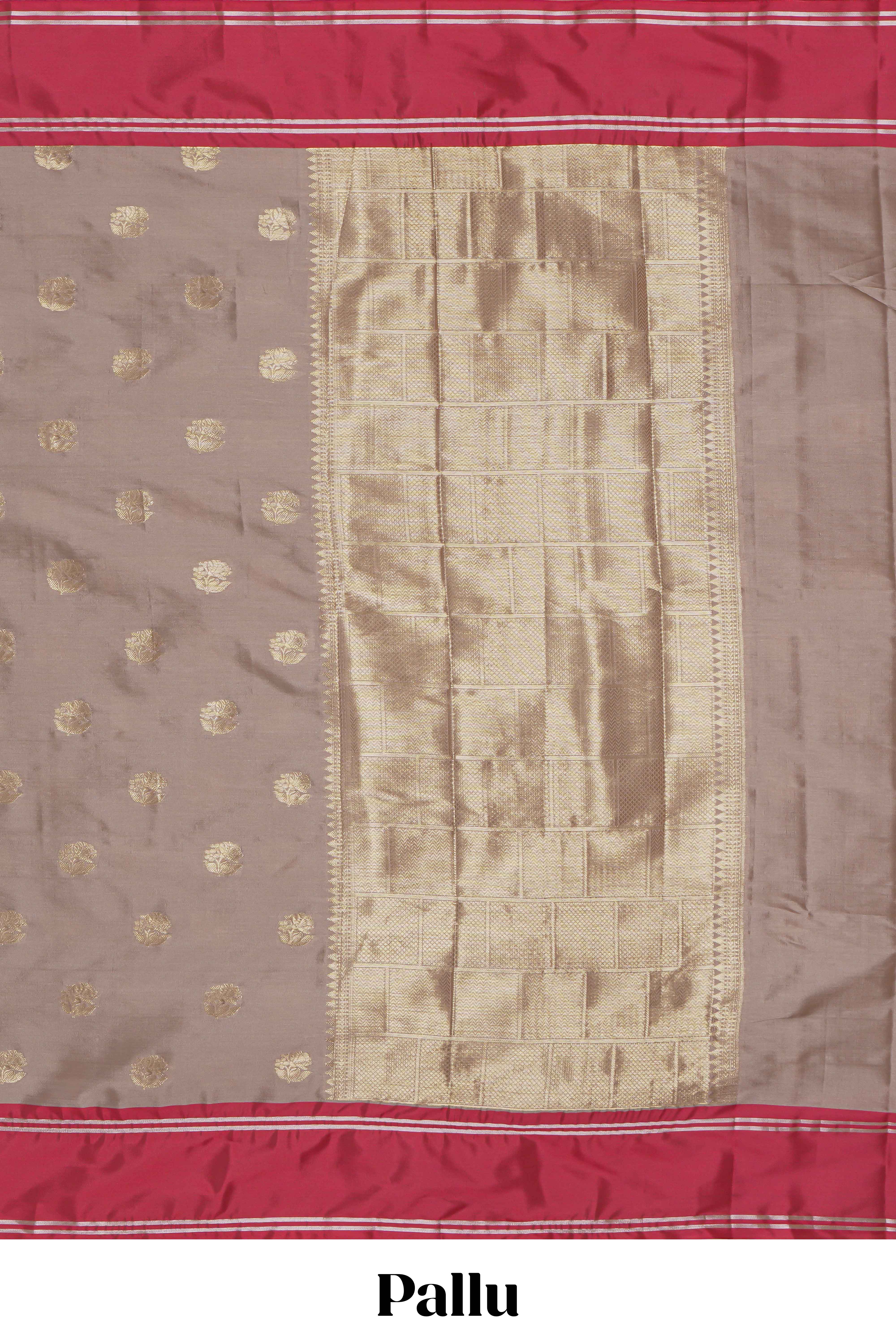 Beige zari motifs design kathan silk saree with self zari borders and matching blouse