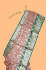 Peach floral zari design kathan silk saree with contrast zari borders and matching blouse