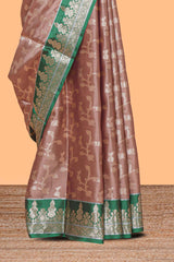 Peach floral zari design kathan silk saree with contrast zari borders and matching blouse