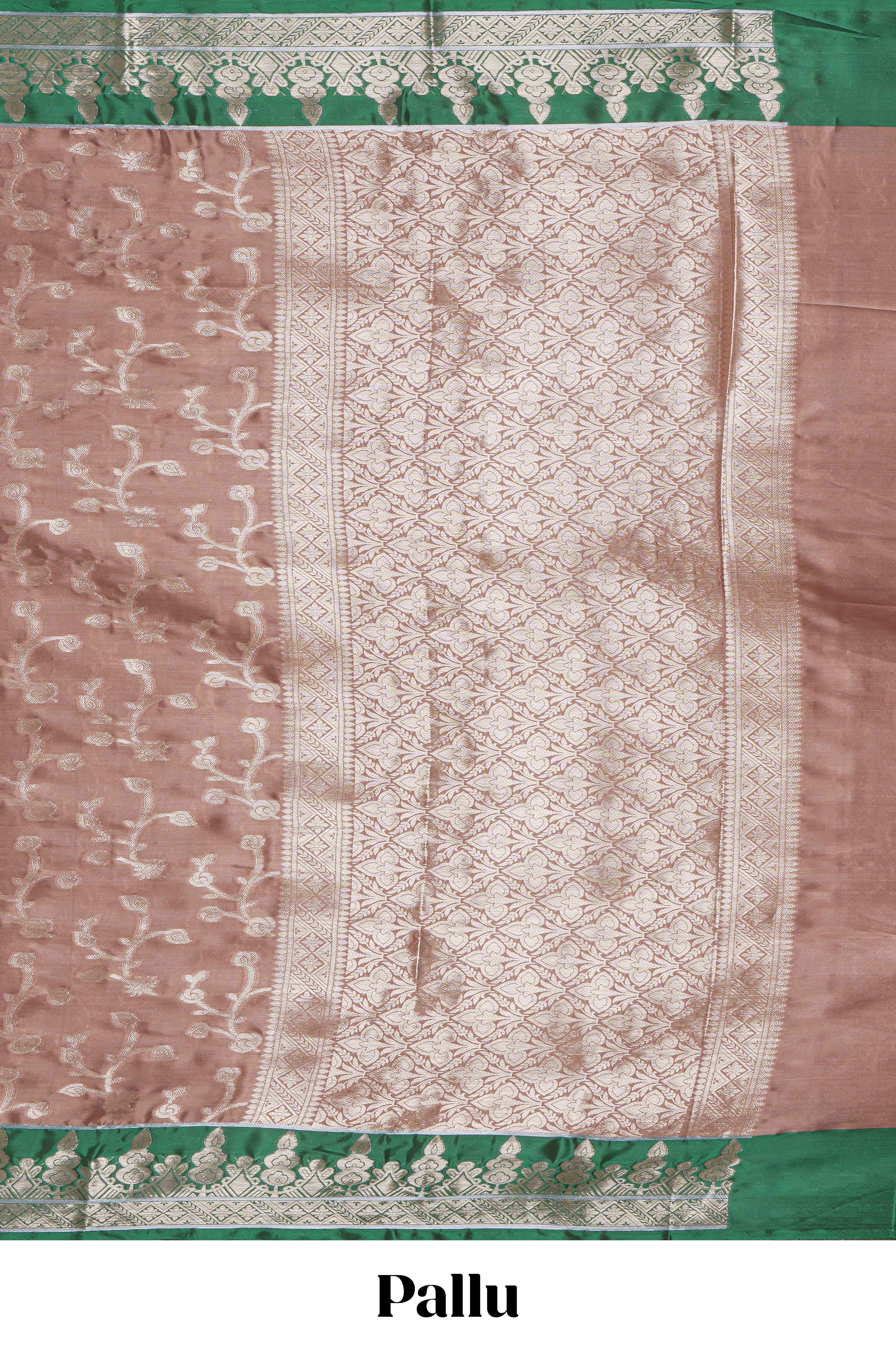 Peach floral zari design kathan silk saree with contrast zari borders and matching blouse