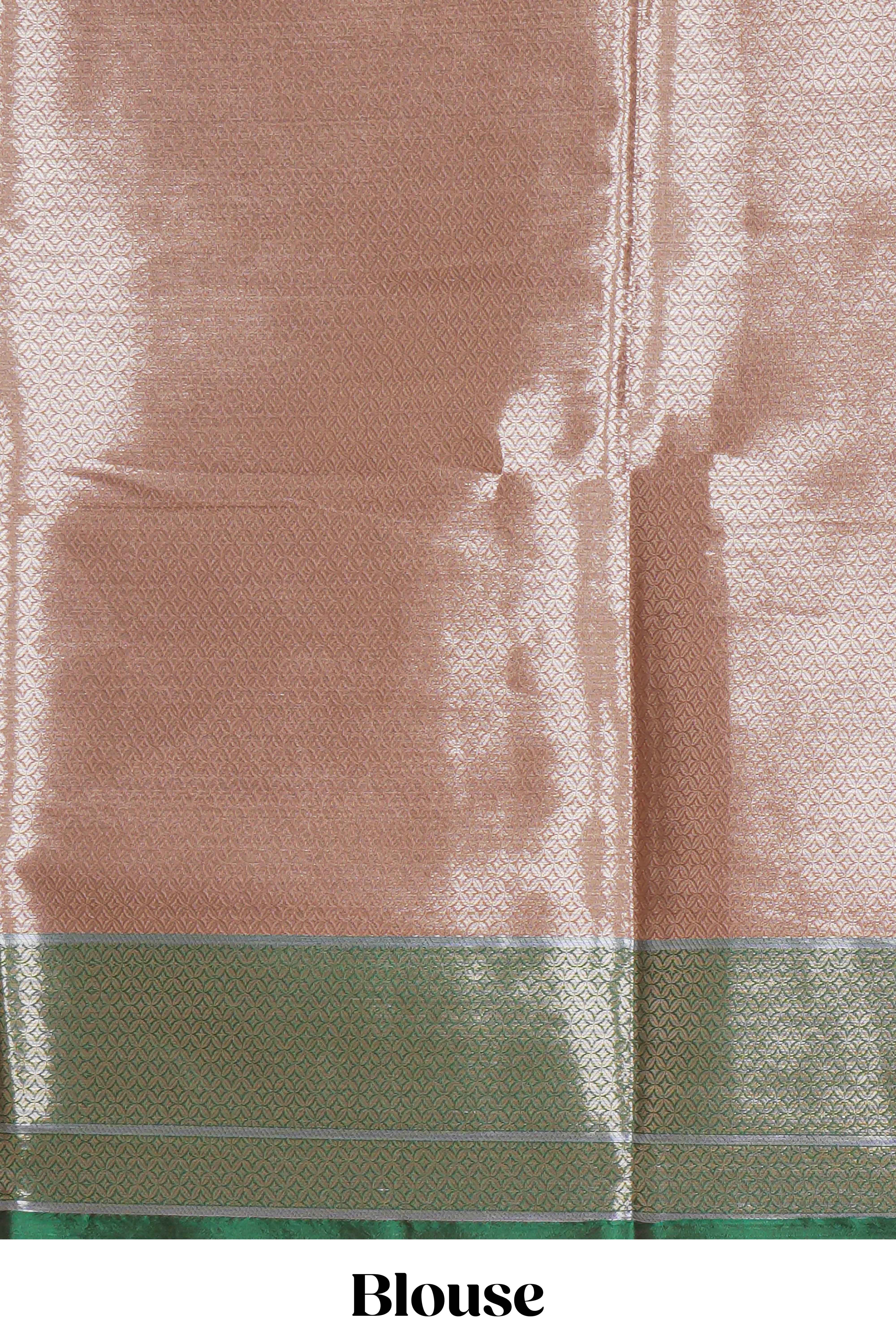 Peach floral zari design kathan silk saree with contrast zari borders and matching blouse