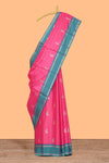 Pink floral zari design kathan silk saree with contrast zari borders and matching blouse