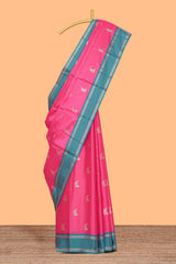 Pink floral zari design kathan silk saree with contrast zari borders and matching blouse