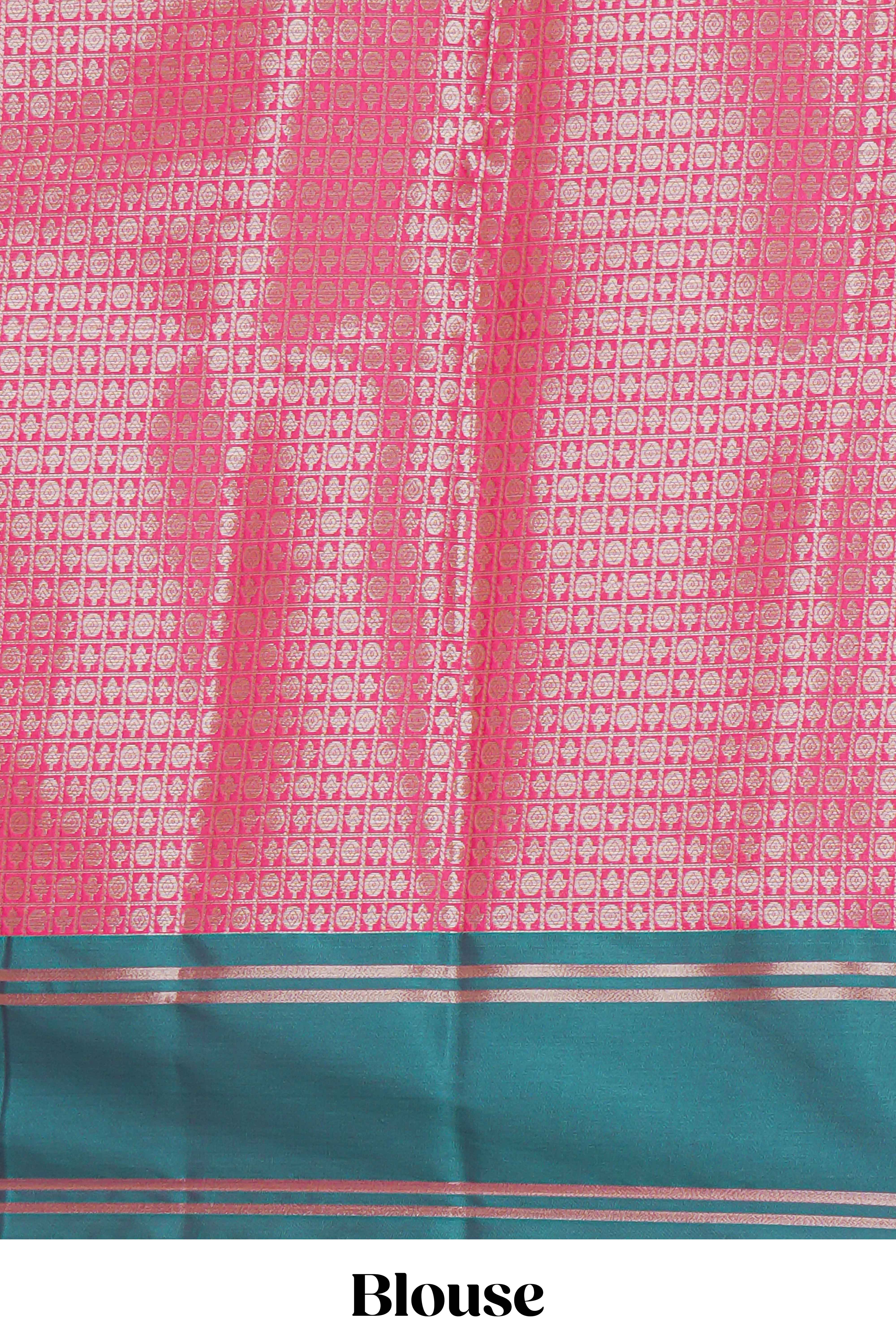 Pink floral zari design kathan silk saree with contrast zari borders and matching blouse