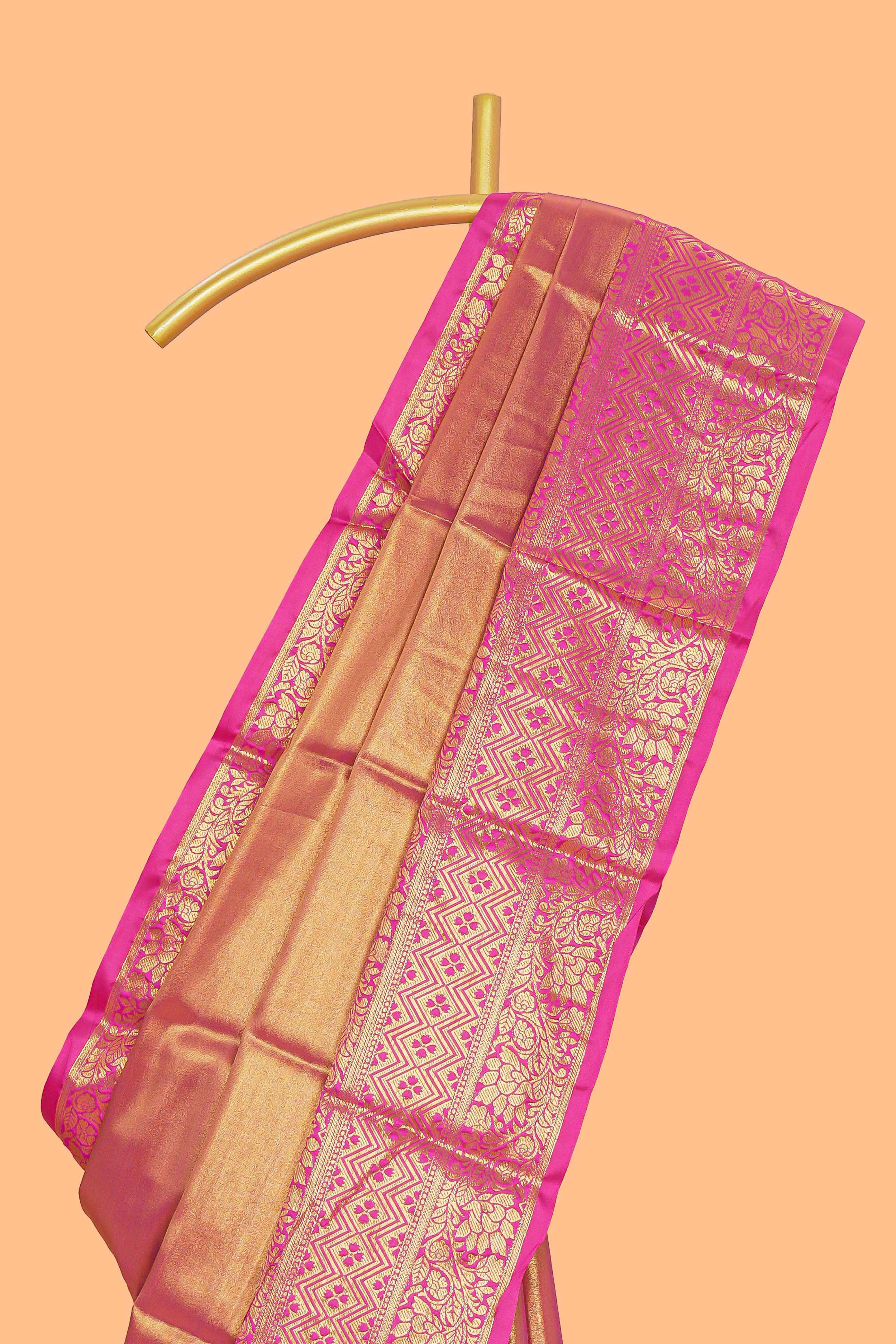 Golden plain zari design kathan silk saree with contrast zari borders and matching blouse