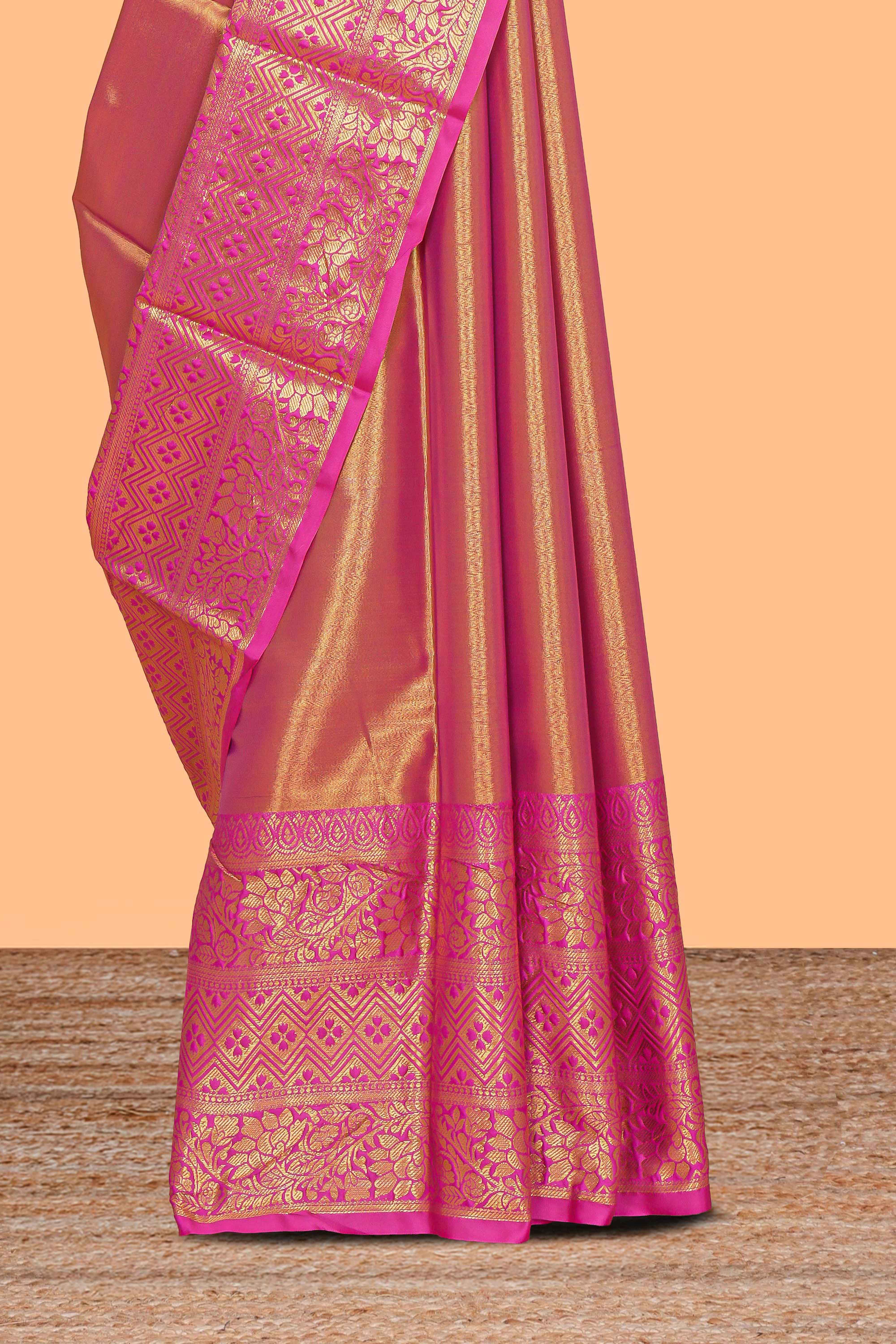 Golden plain zari design kathan silk saree with contrast zari borders and matching blouse