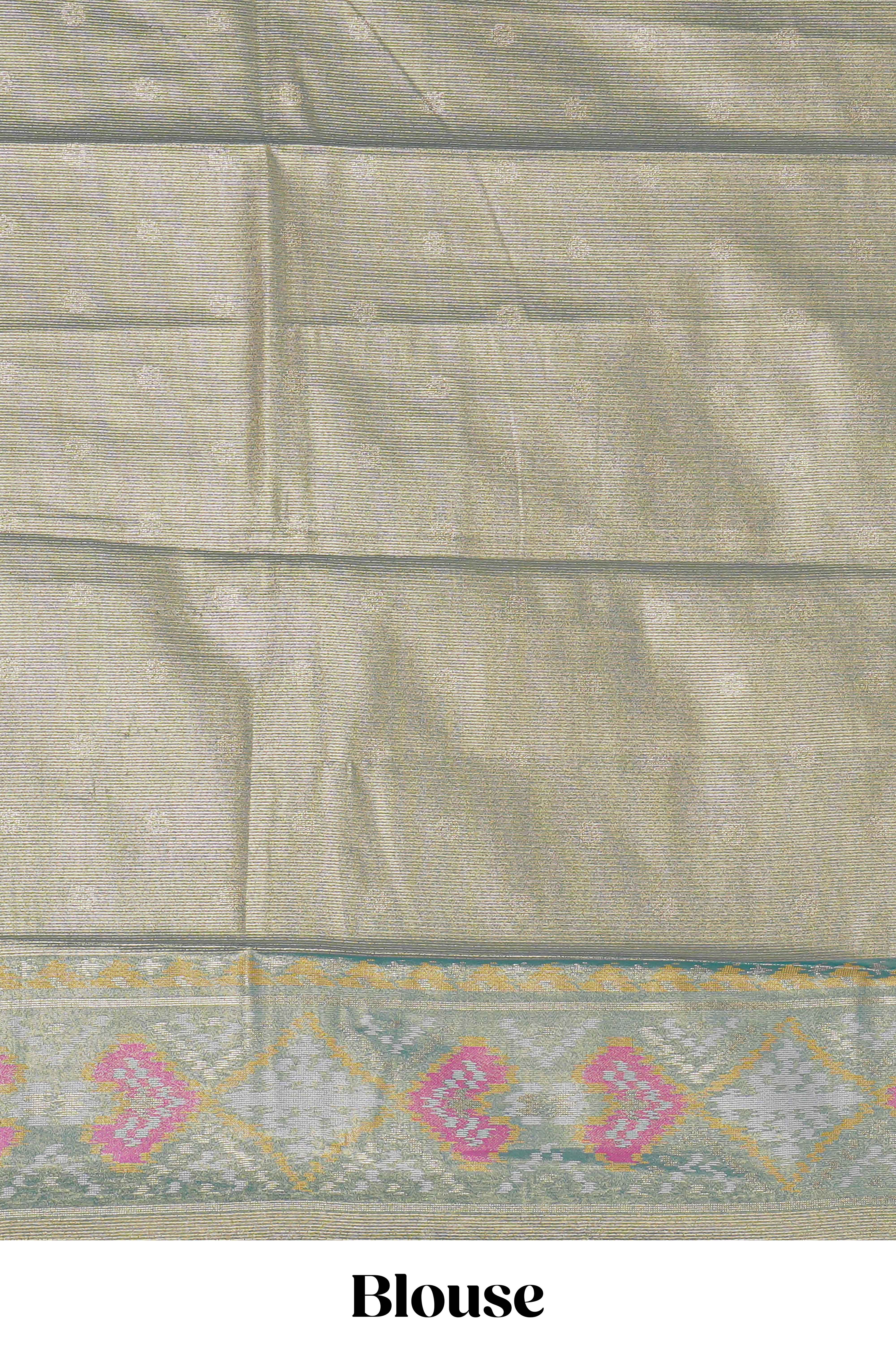 Peach ikkat design kathan silk saree with contrast borders and motifs blouse