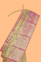 Green ikkat floral design kathan silk saree with contrast borders and motifs blouse