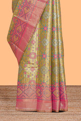 Green ikkat floral design kathan silk saree with contrast borders and motifs blouse