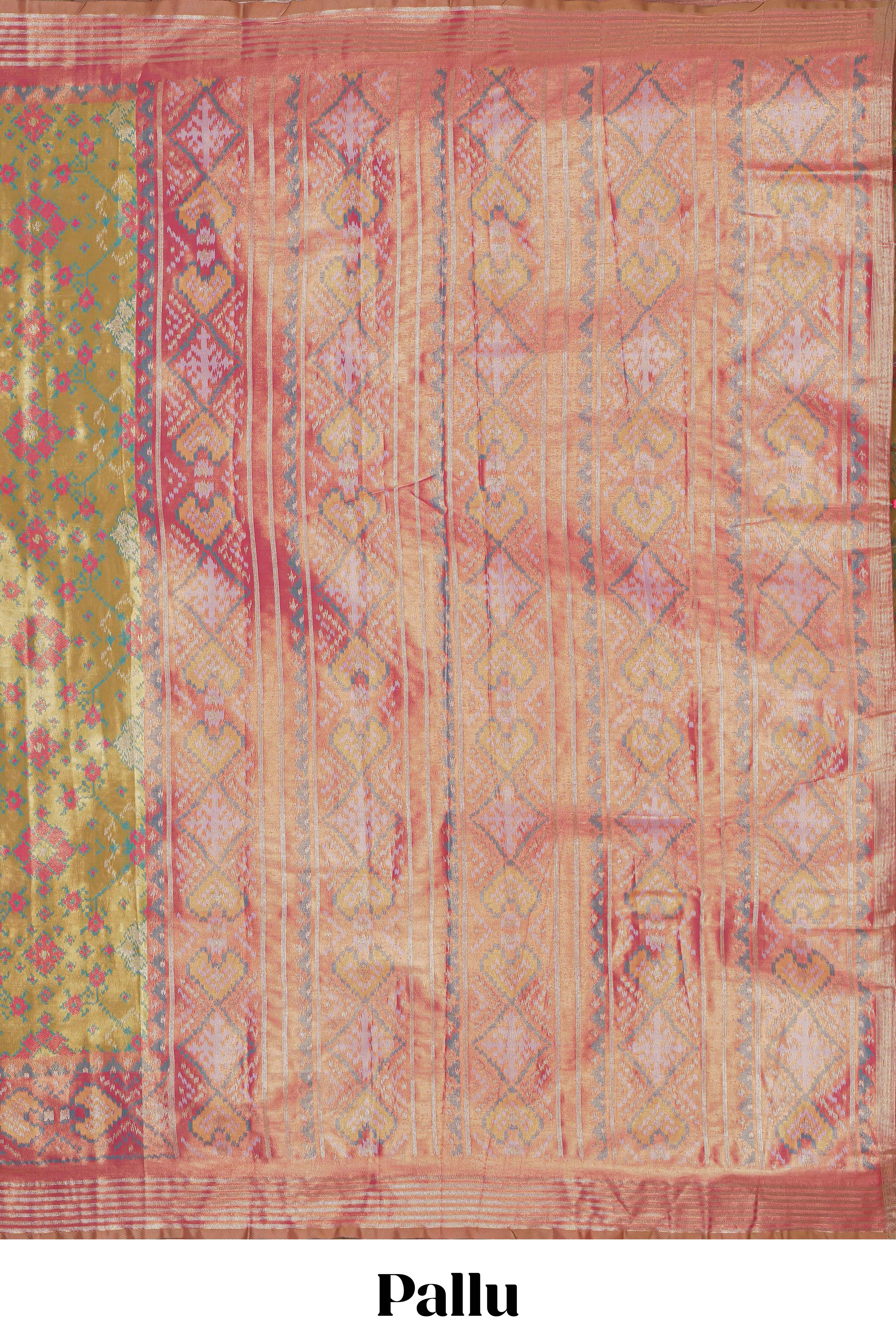 Green ikkat floral design kathan silk saree with contrast borders and motifs blouse