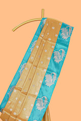 Mustard zari motifs design kathan silk saree with contrast borders and motifs blouse