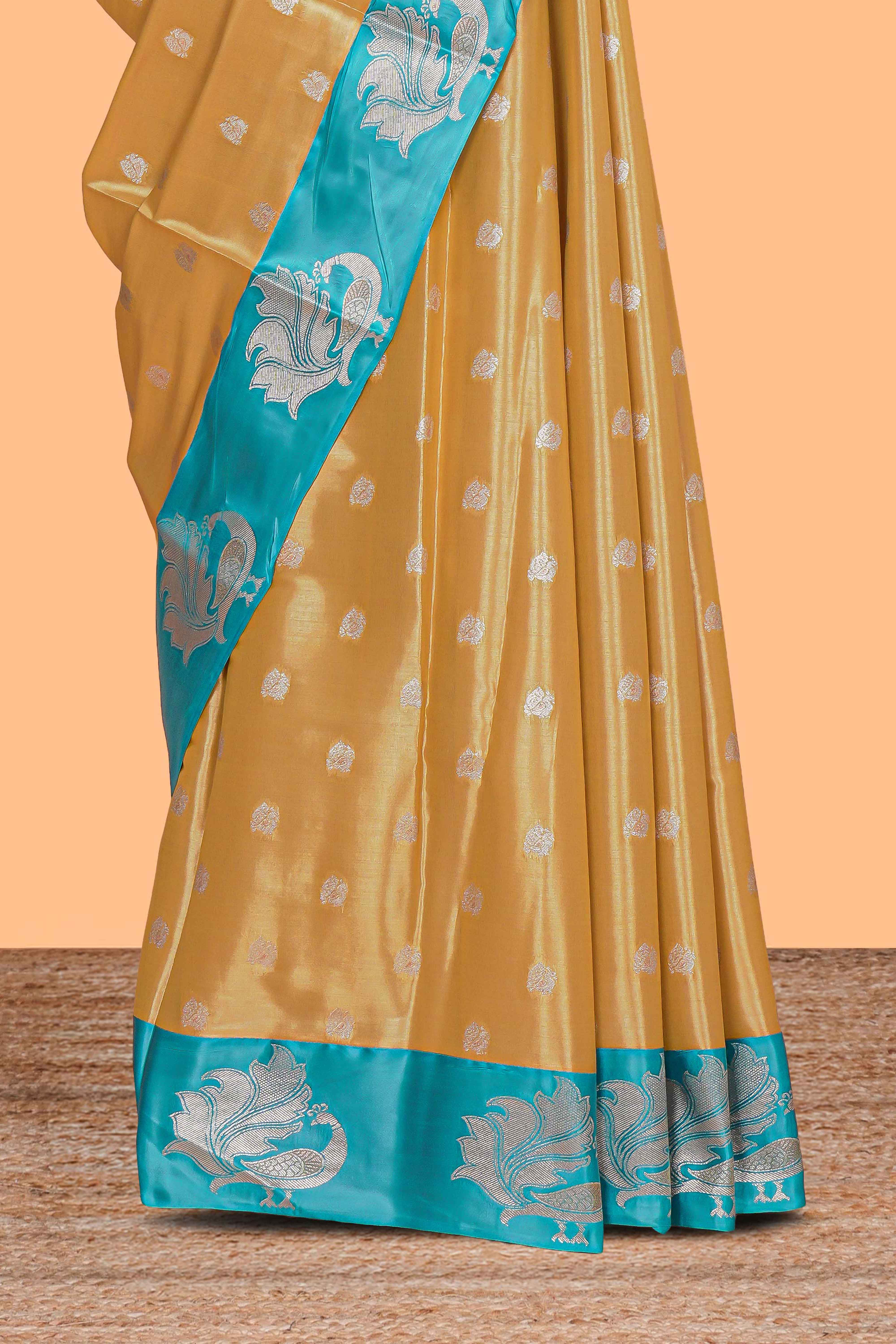 Mustard zari motifs design kathan silk saree with contrast borders and motifs blouse