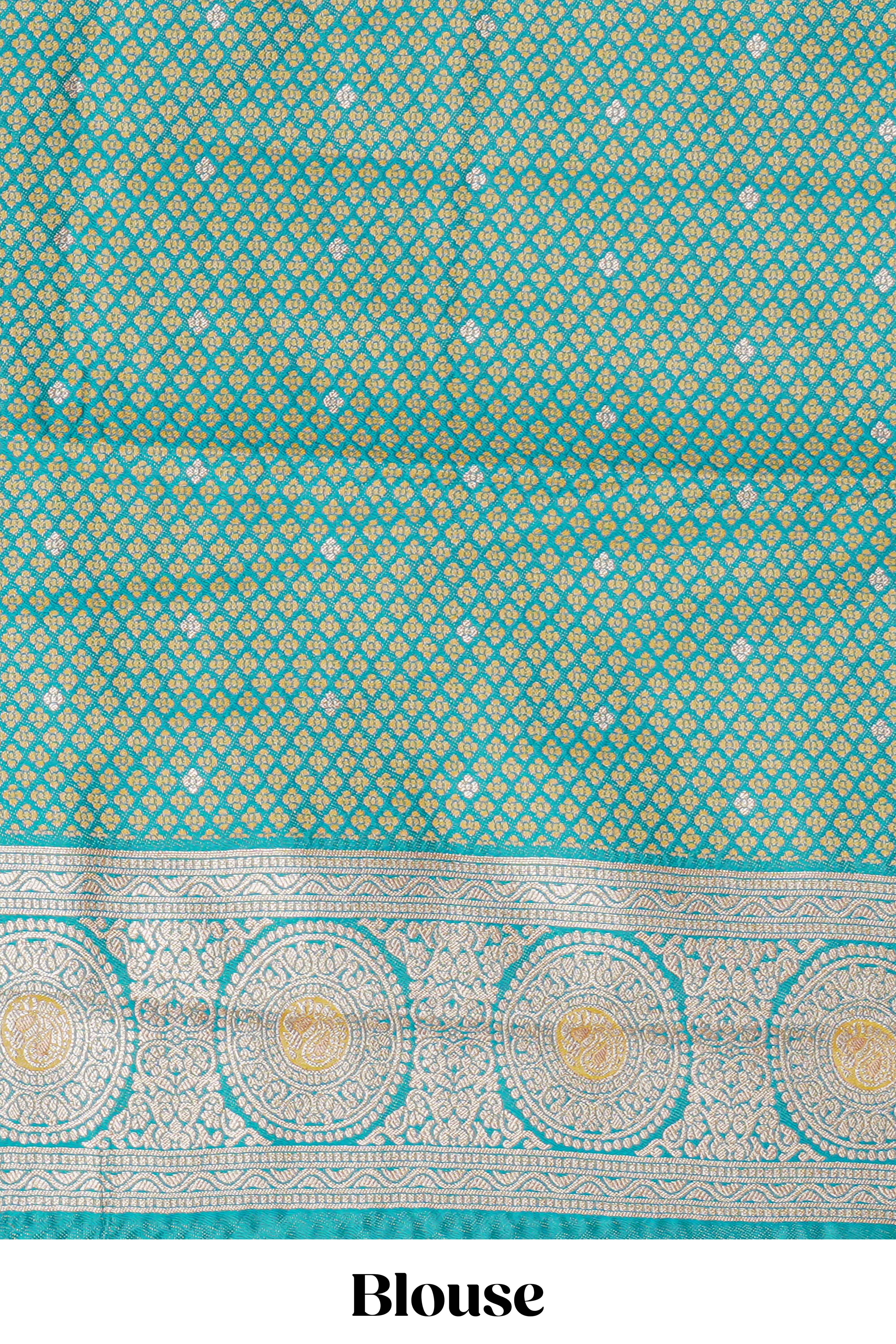 Mustard zari motifs design kathan silk saree with contrast borders and motifs blouse