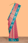 Pink zari motifs design kathan silk saree with contrast borders and motifs blouse