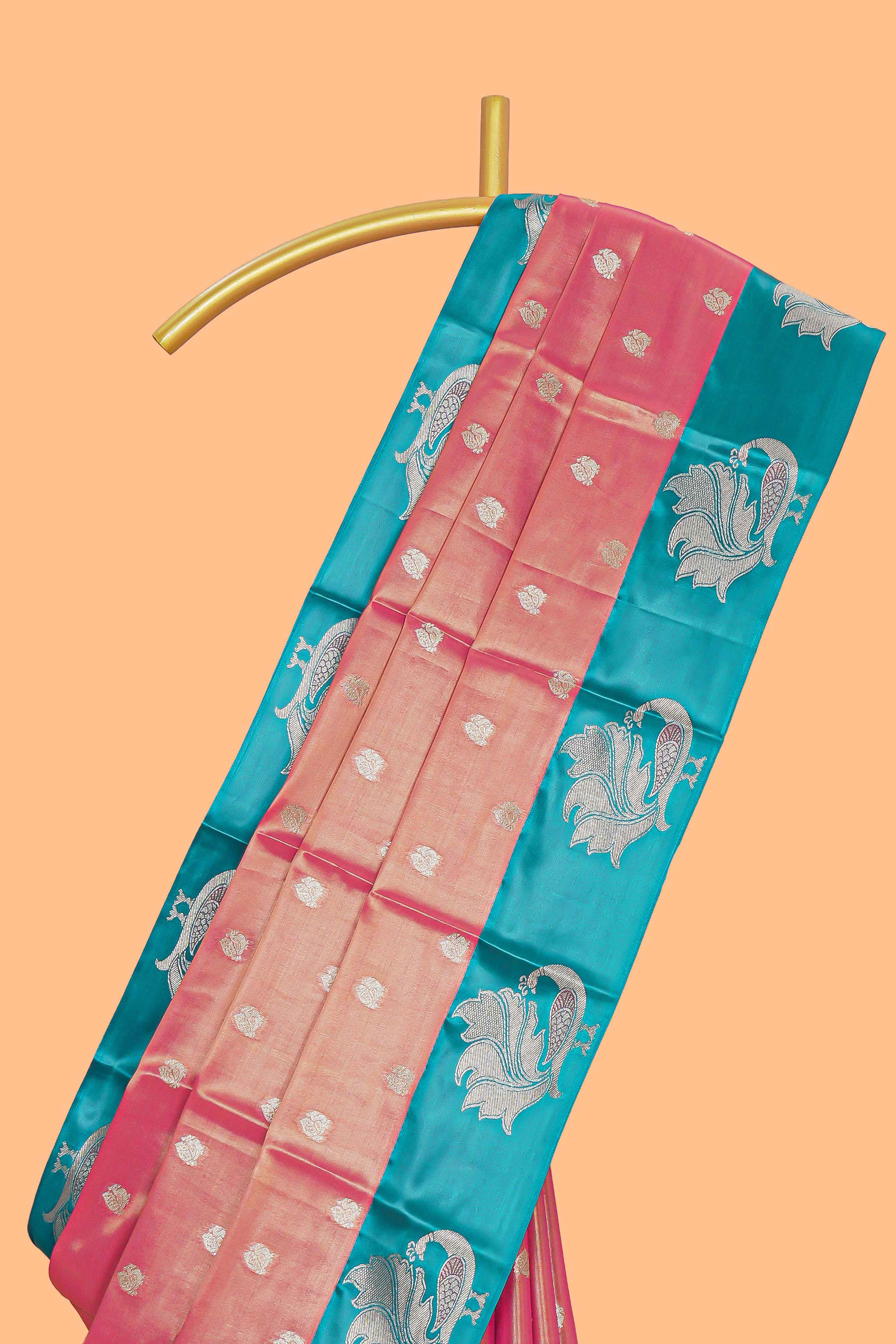 Pink zari motifs design kathan silk saree with contrast borders and motifs blouse