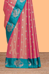 Pink zari motifs design kathan silk saree with contrast borders and motifs blouse