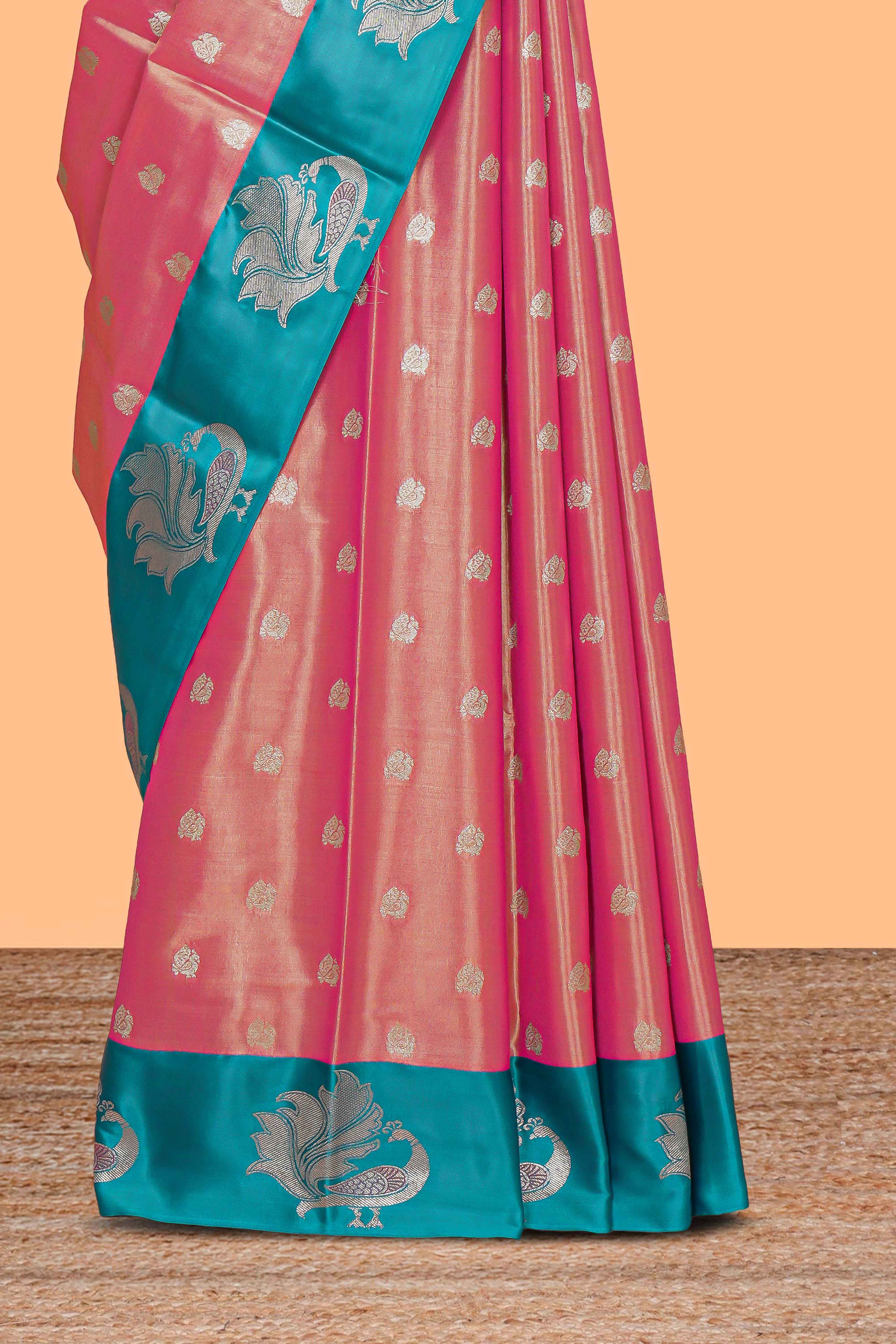 Pink zari motifs design kathan silk saree with contrast borders and motifs blouse