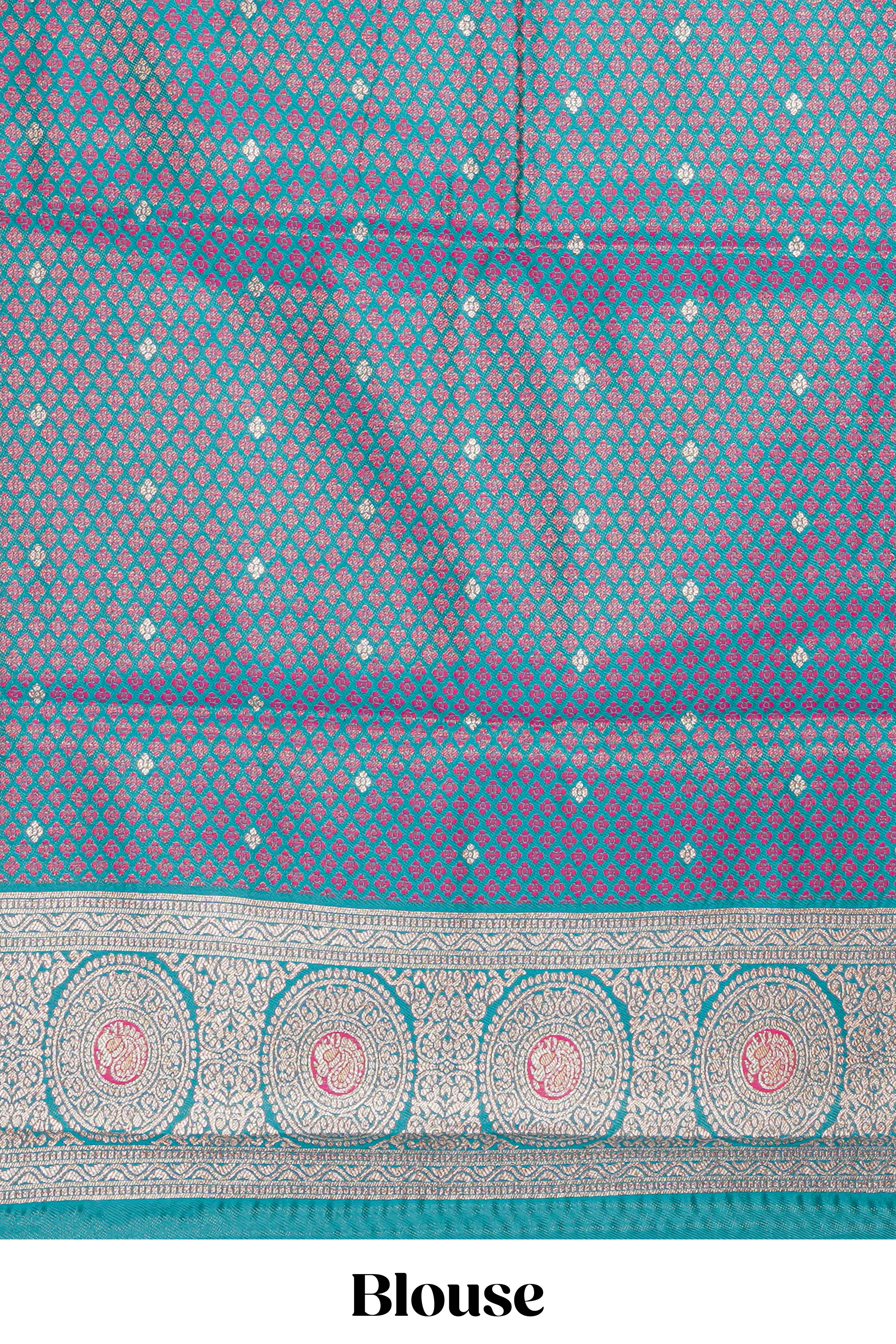 Pink zari motifs design kathan silk saree with contrast borders and motifs blouse
