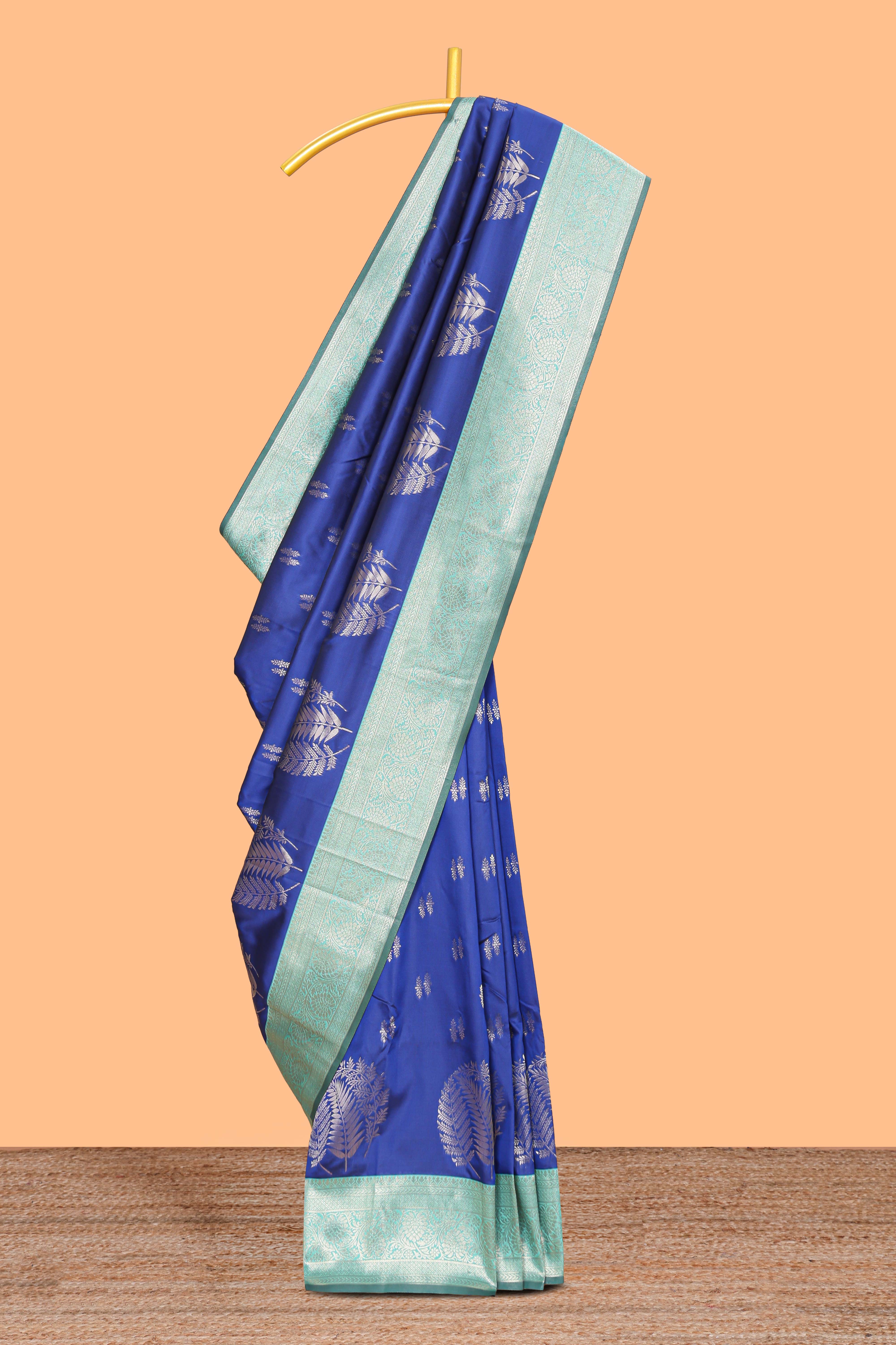 Royal blue zari motifs design kathan silk saree with contrast borders and motifs blouse