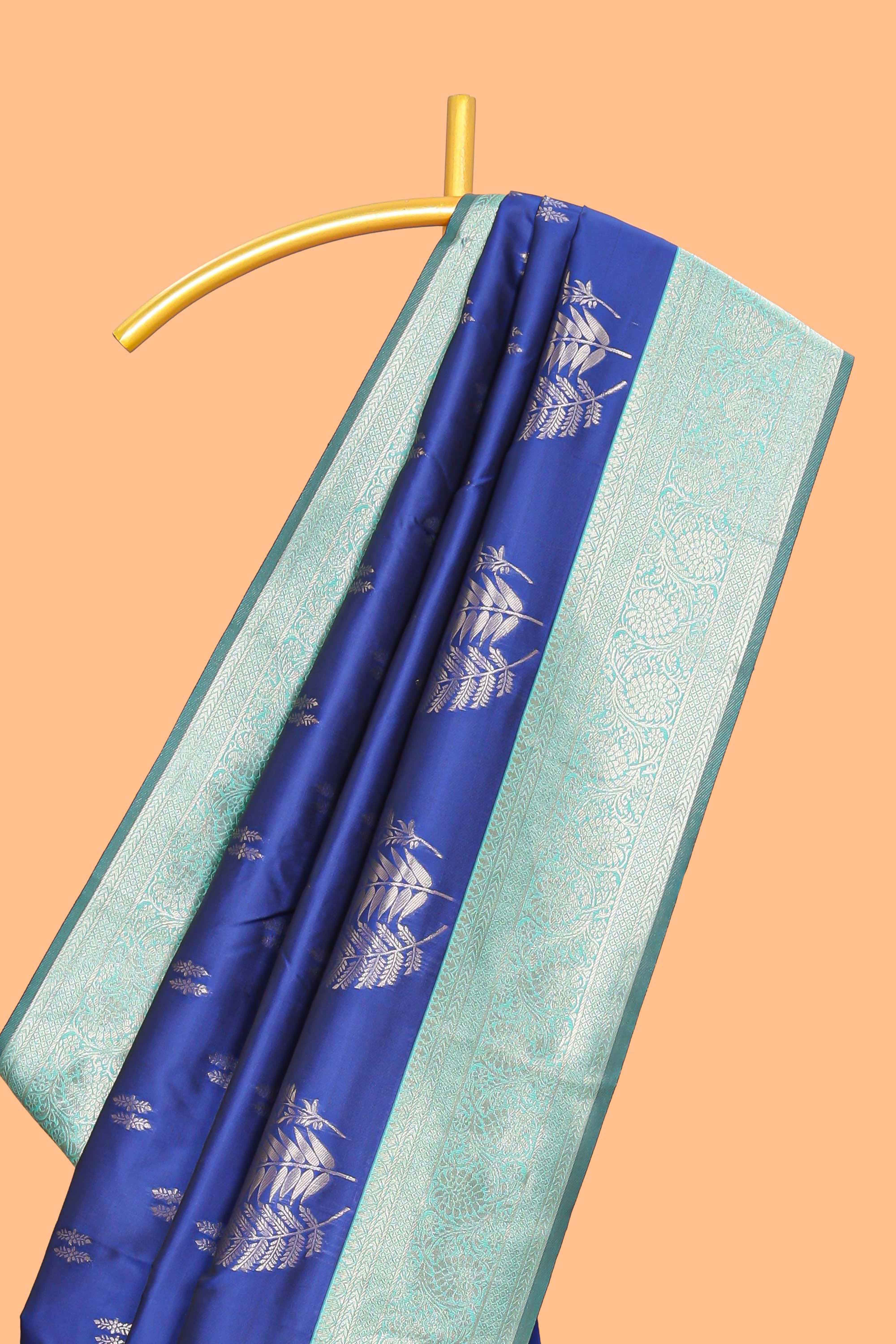 Royal blue zari motifs design kathan silk saree with contrast borders and motifs blouse