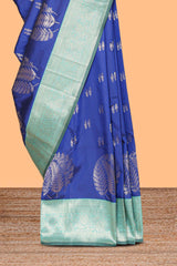Royal blue zari motifs design kathan silk saree with contrast borders and motifs blouse