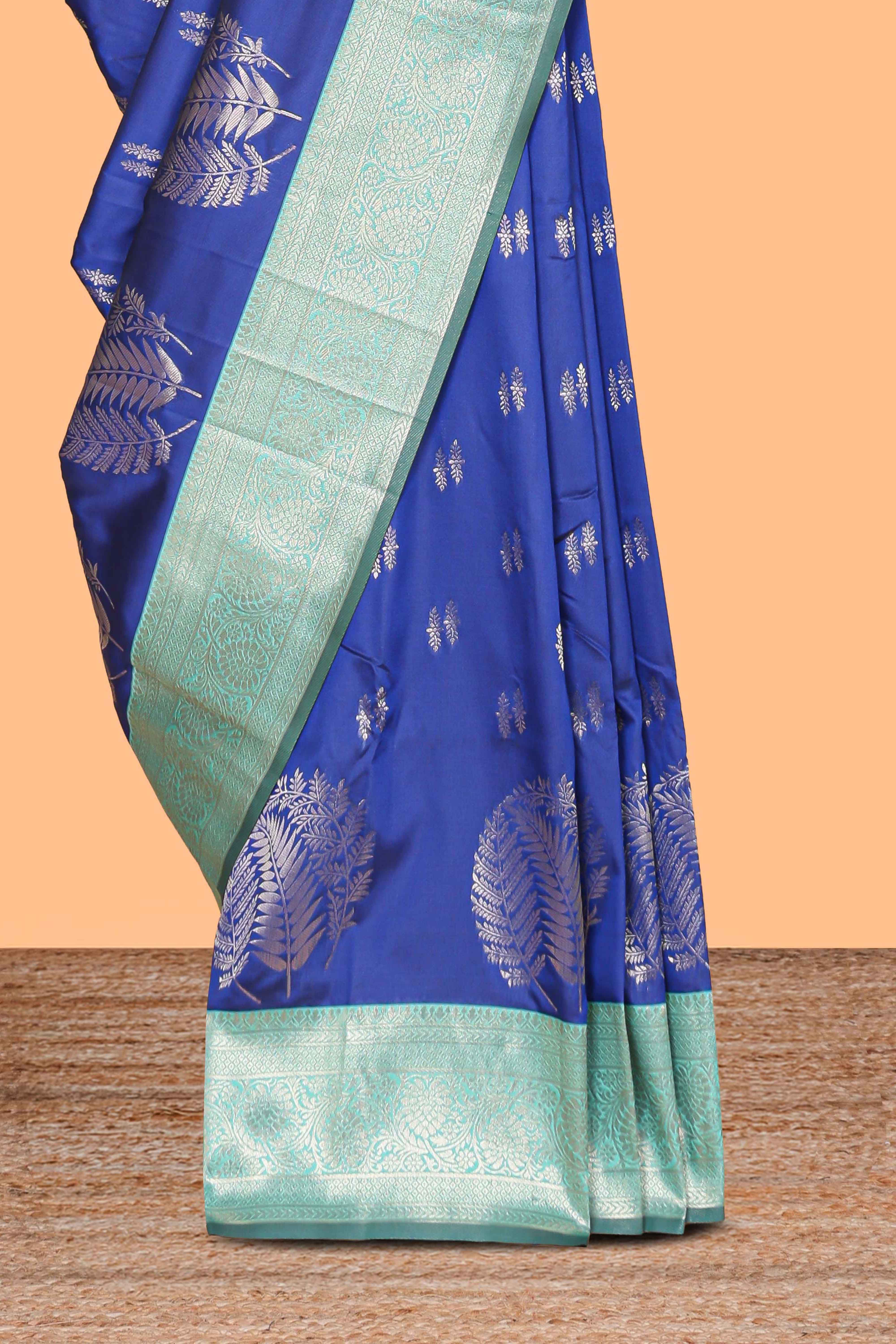 Royal blue zari motifs design kathan silk saree with contrast borders and motifs blouse