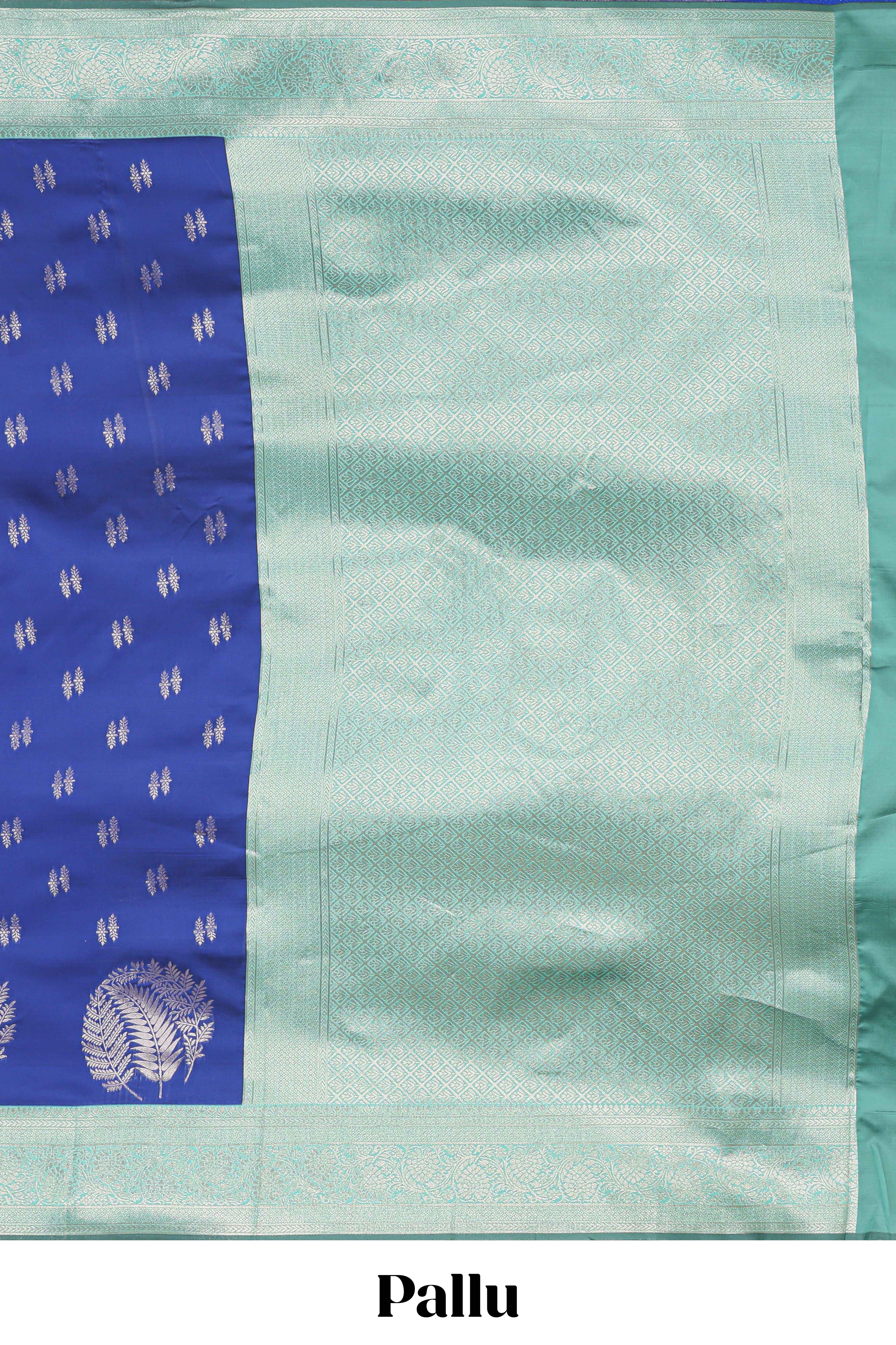 Royal blue zari motifs design kathan silk saree with contrast borders and motifs blouse