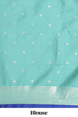 Royal blue zari motifs design kathan silk saree with contrast borders and motifs blouse