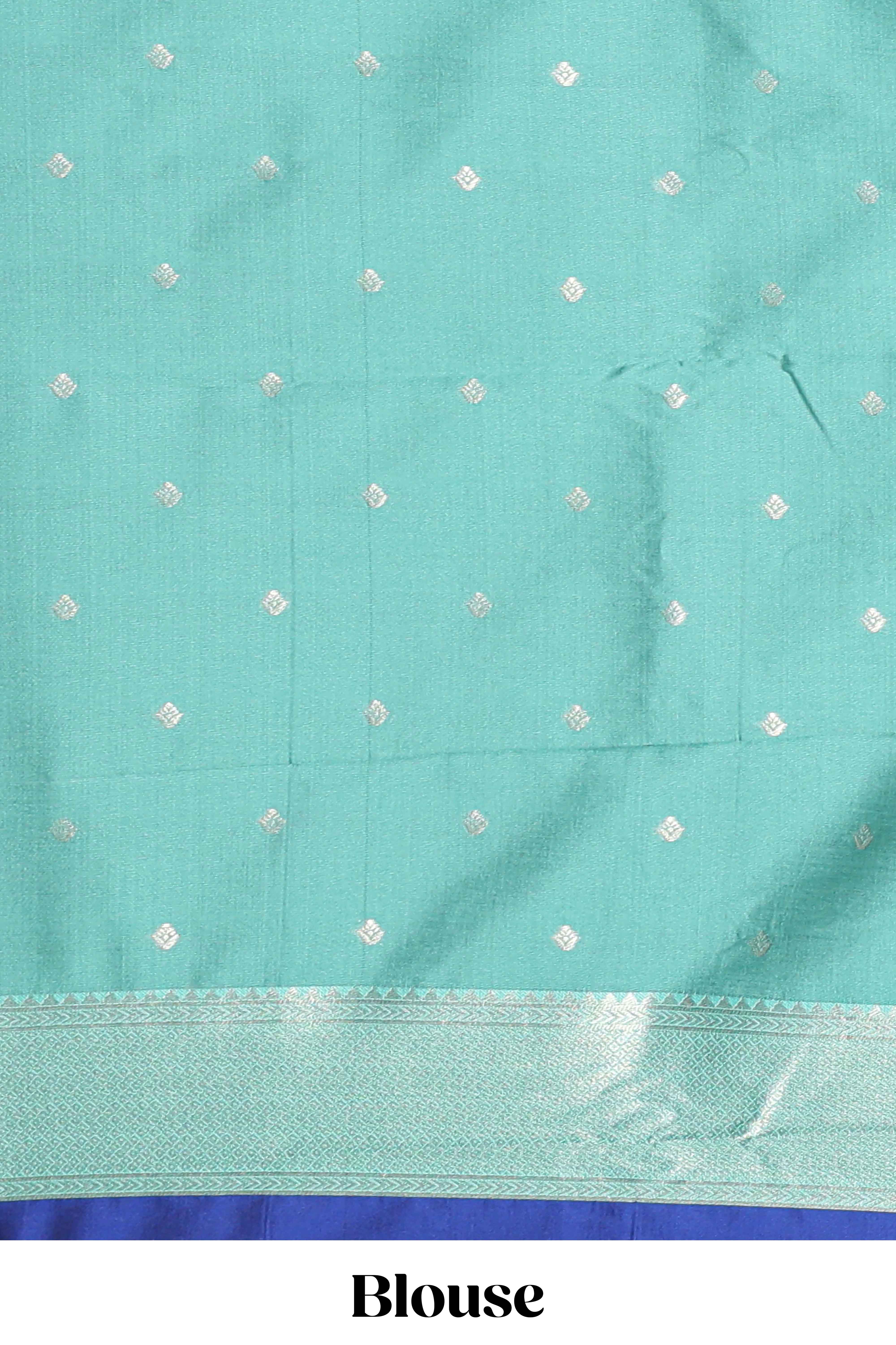 Royal blue zari motifs design kathan silk saree with contrast borders and motifs blouse