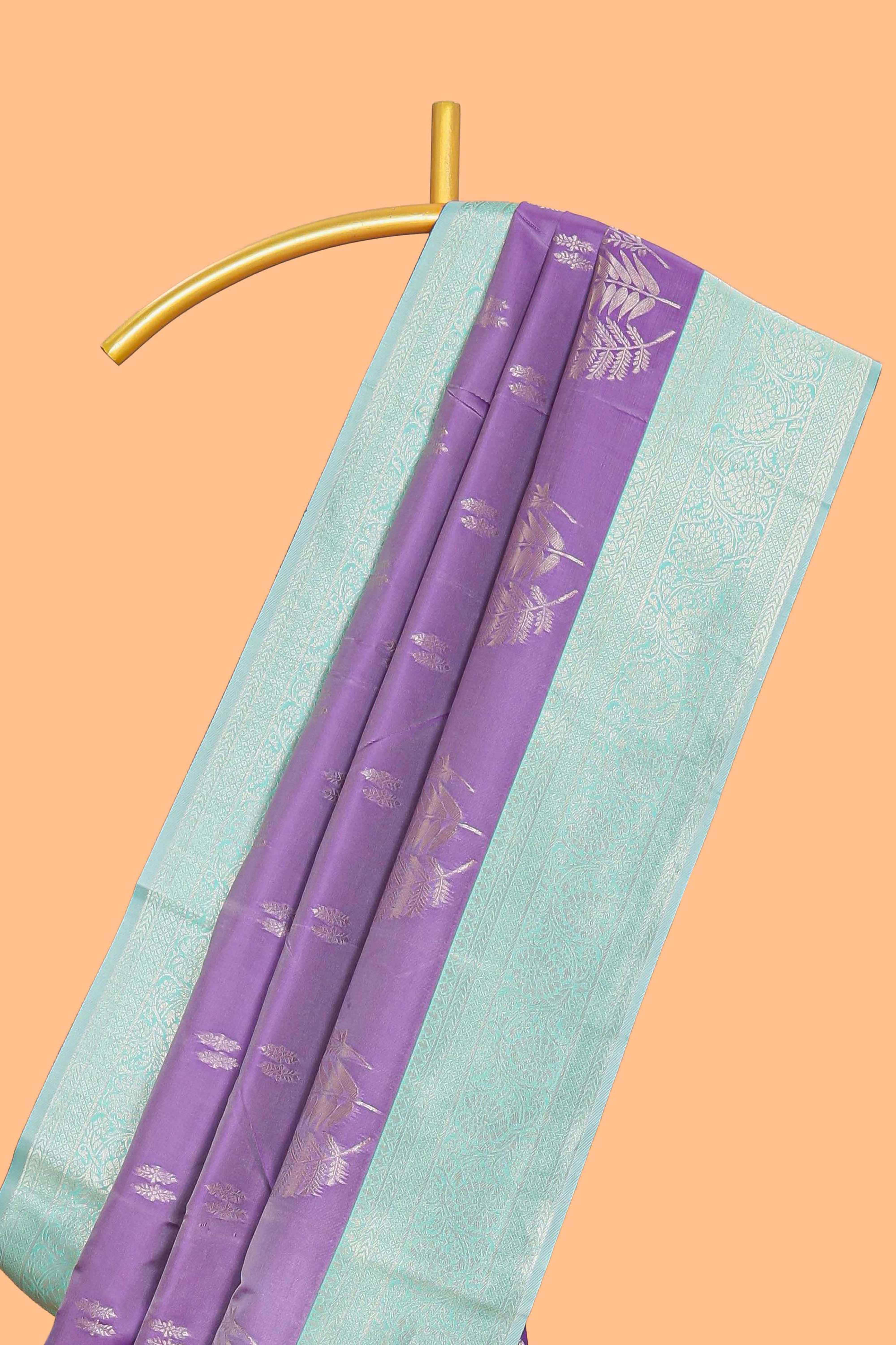 Lavender zari motifs design kathan silk saree with contrast borders and motifs blouse