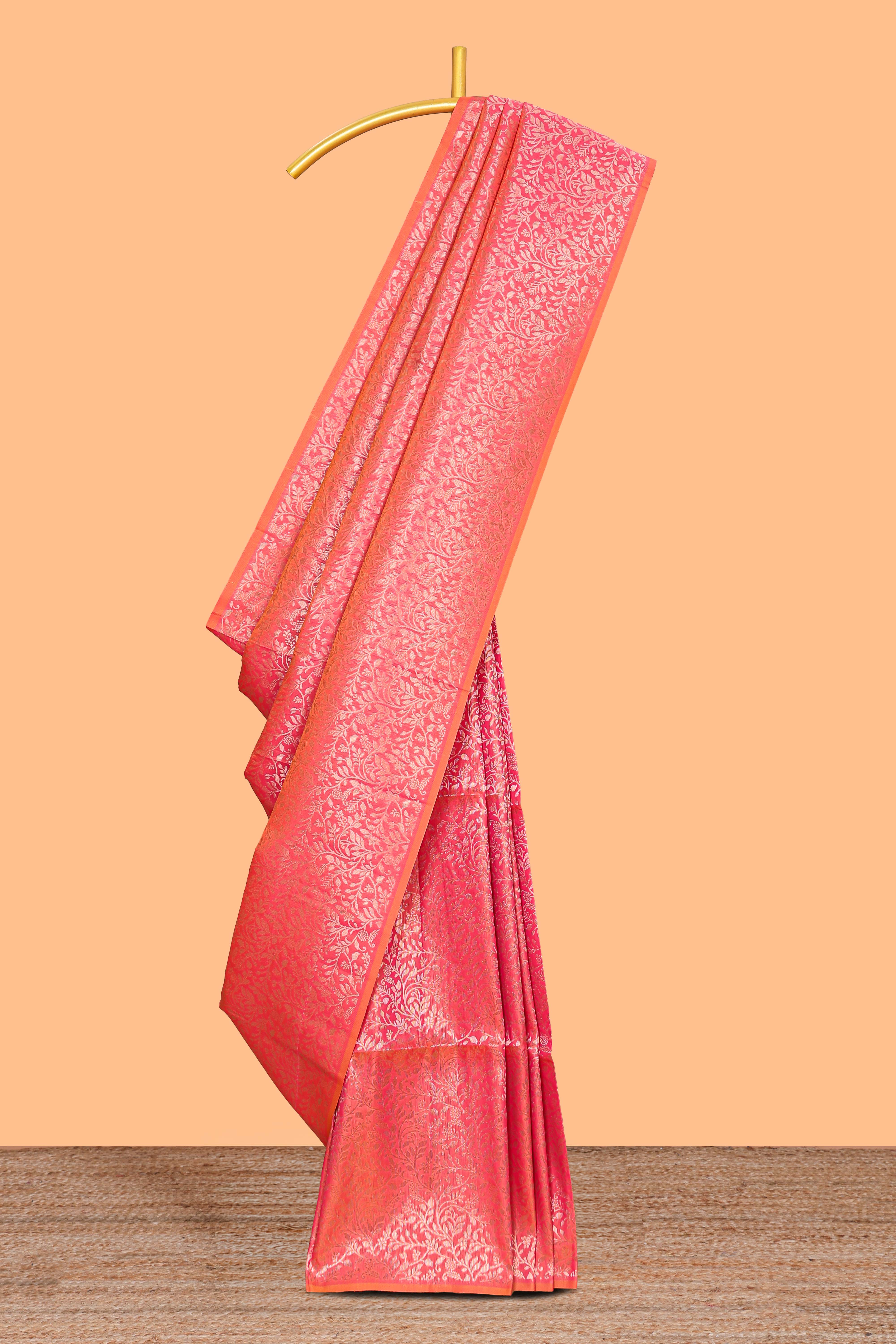 Borderless coral pink floral zari design kathan silk saree with self pallu and motifs blouse
