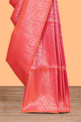 Borderless coral pink floral zari design kathan silk saree with self pallu and motifs blouse