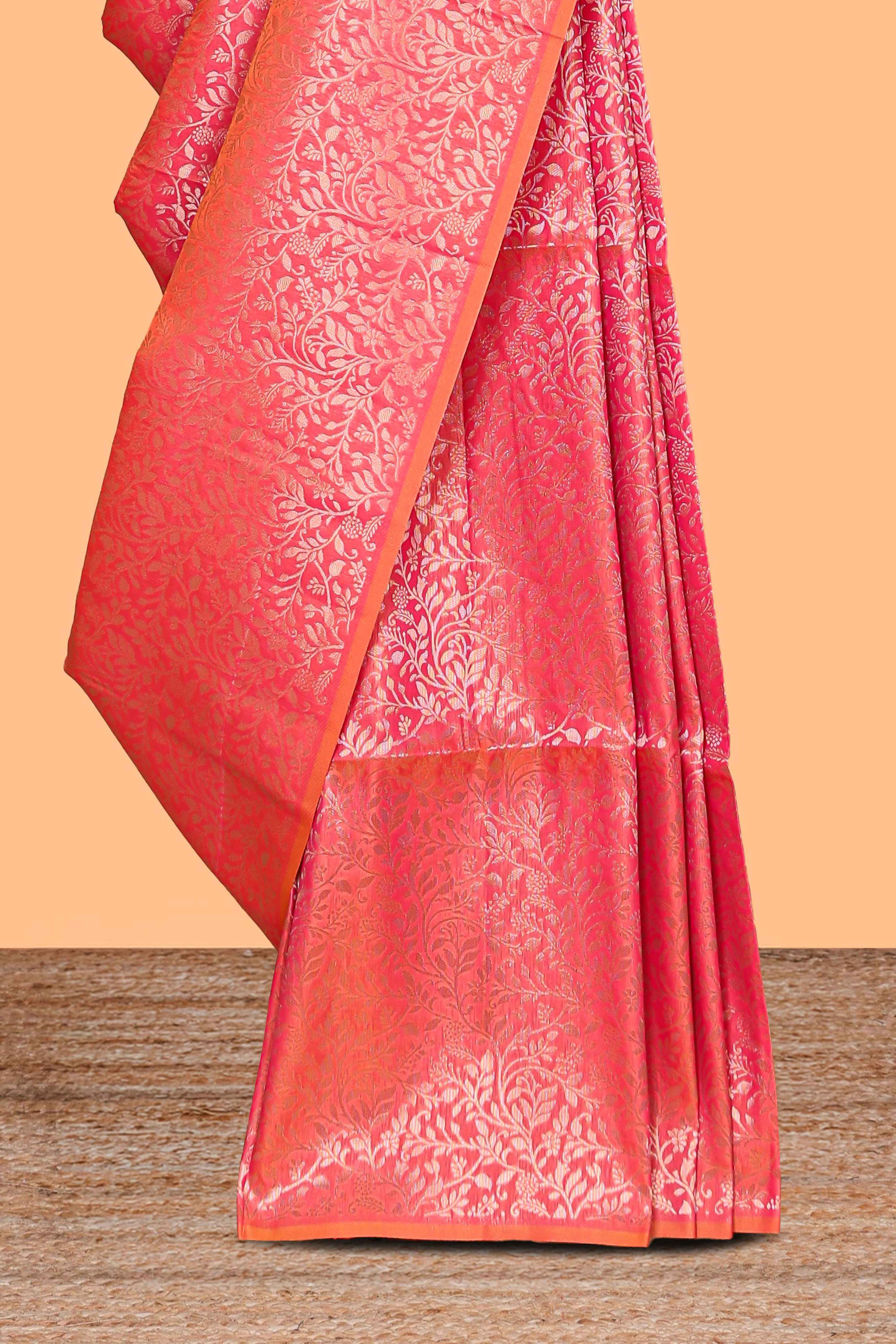 Borderless coral pink floral zari design kathan silk saree with self pallu and motifs blouse