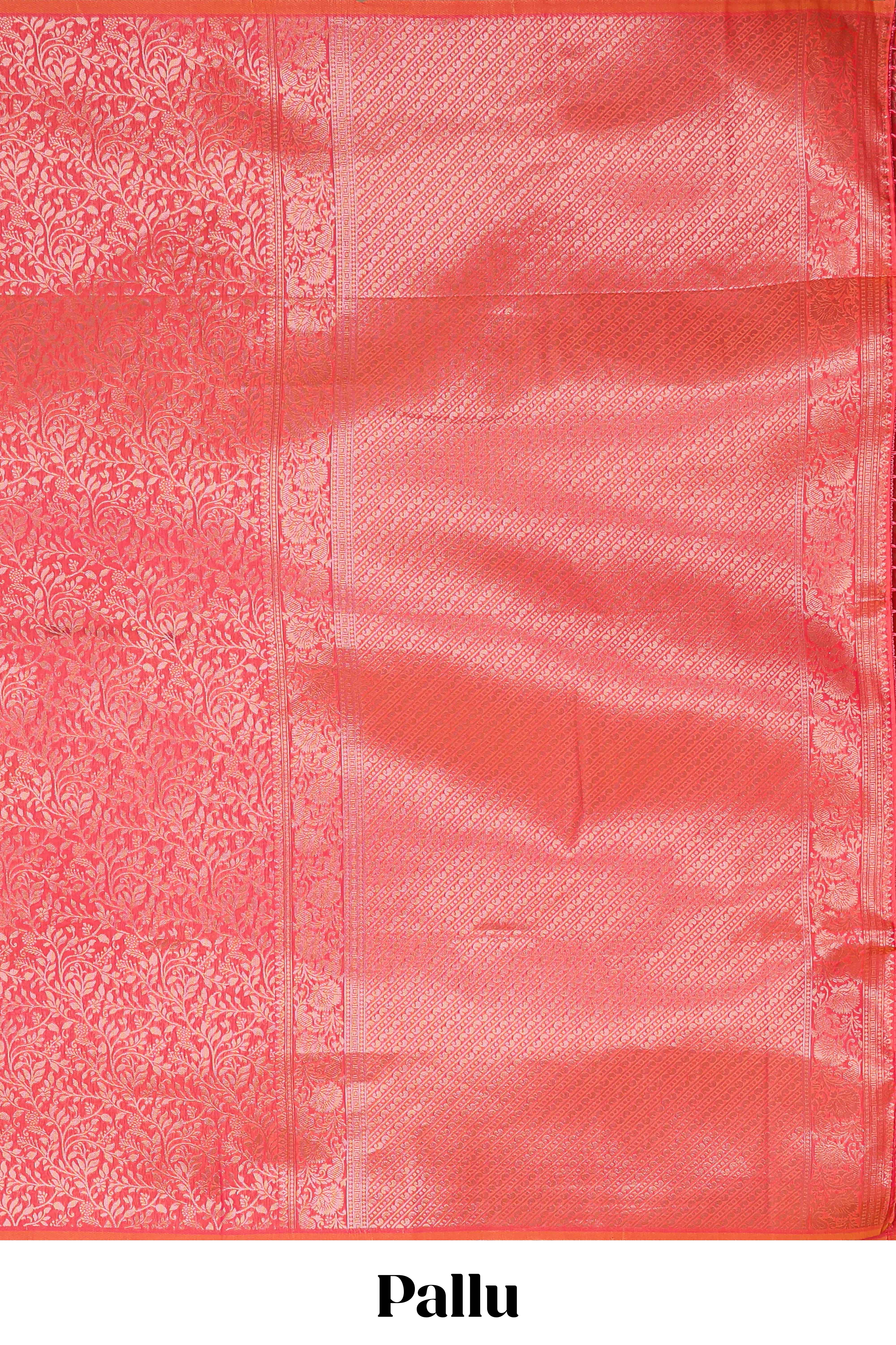 Borderless coral pink floral zari design kathan silk saree with self pallu and motifs blouse
