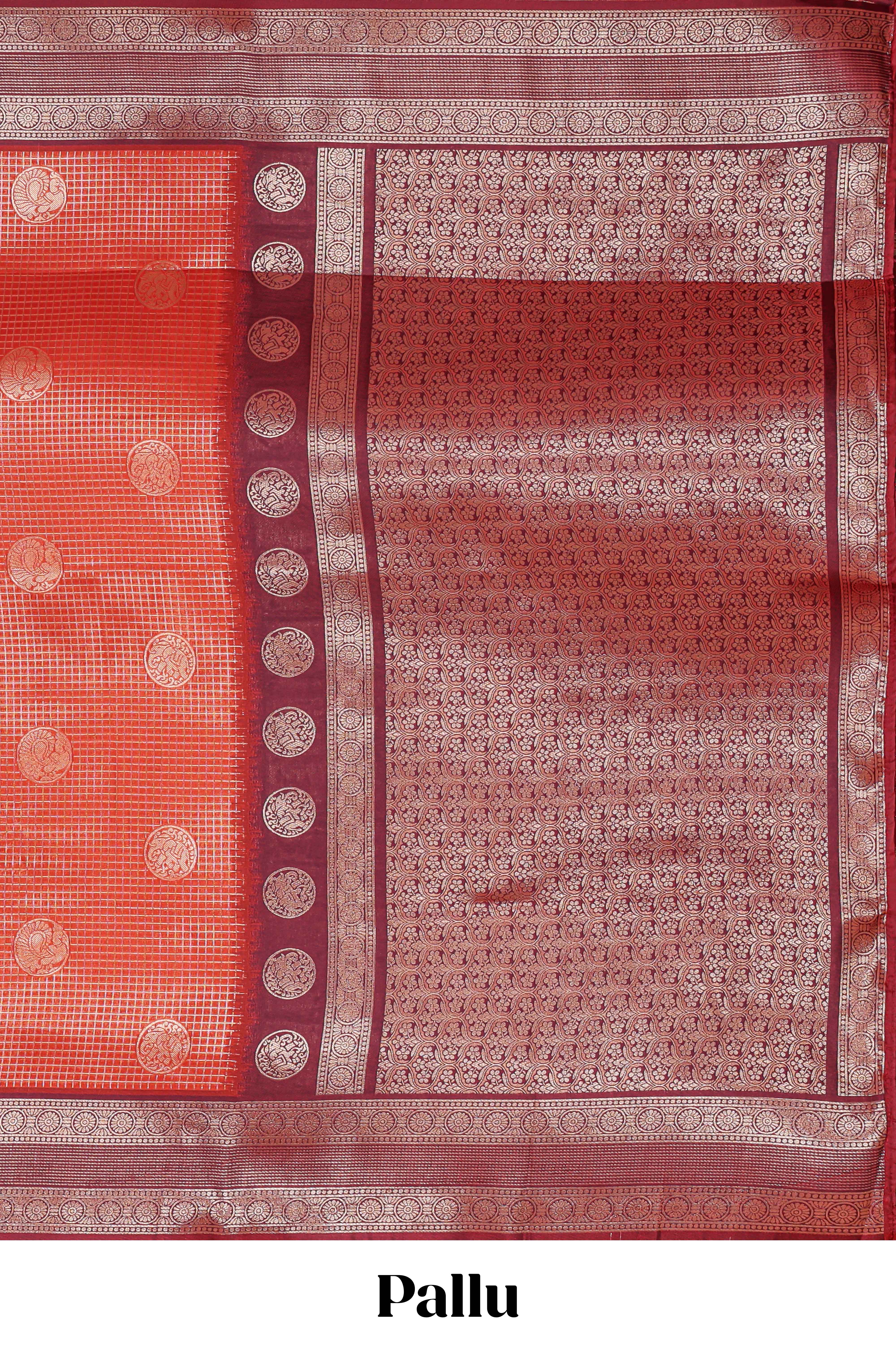 Orange checked motifs zari design kathan silk saree with contrast border and motifs blouse