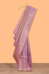 Borderless lavender floral zari design kathan silk saree with self pallu and motifs blouse
